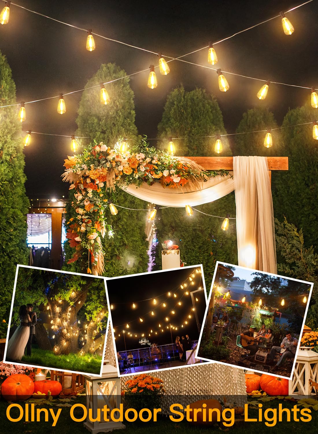 Ollny 50FT Outdoor String Lights, Shatterproof Connectable Patio Lights with 25+2 Spare ST38 Vintage Bulbs, 2200K Warm - Koospark