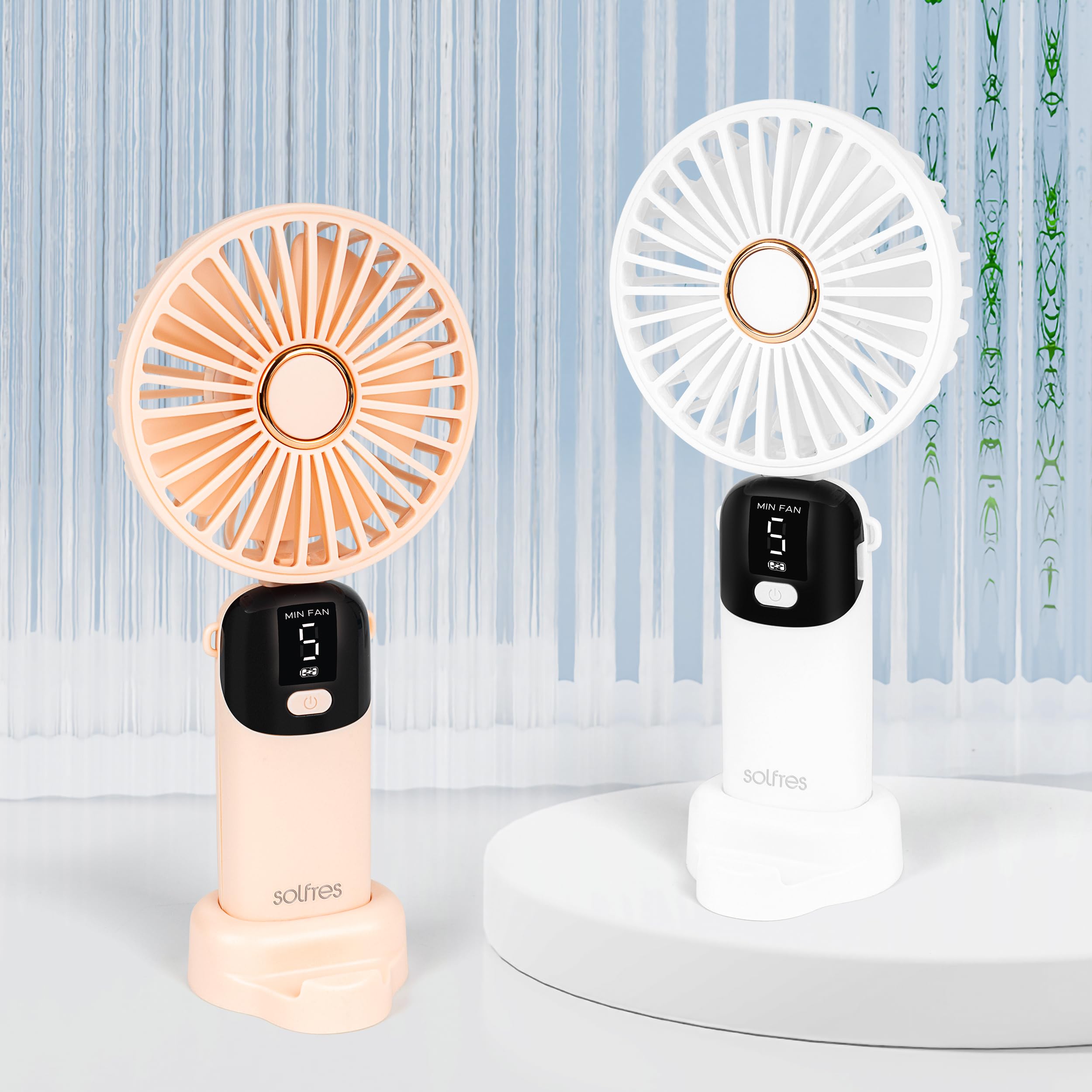 Solfres Portable Mini Handheld Fan, Digital Display, 5 Speeds, 90° Adjustable And Foldable