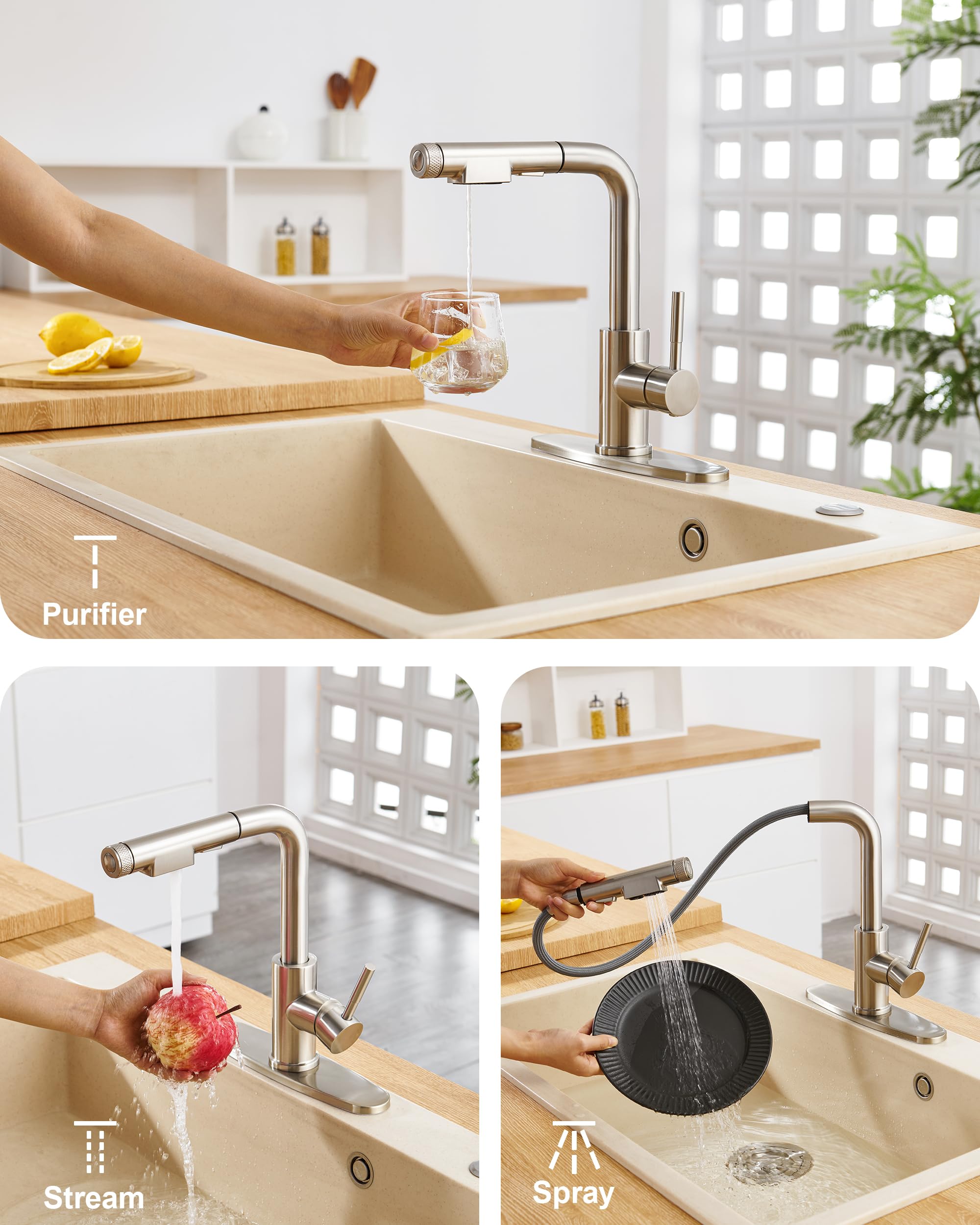 Heisok Kitchen Faucet With Pull Down Sprayer - 3 In 1 Kitchen Sink Faucet, Stainless Steel Filtered Water Faucet Single Lever Drinking Water Faucet For 1 Or 3 Hole, Brushed Nickel