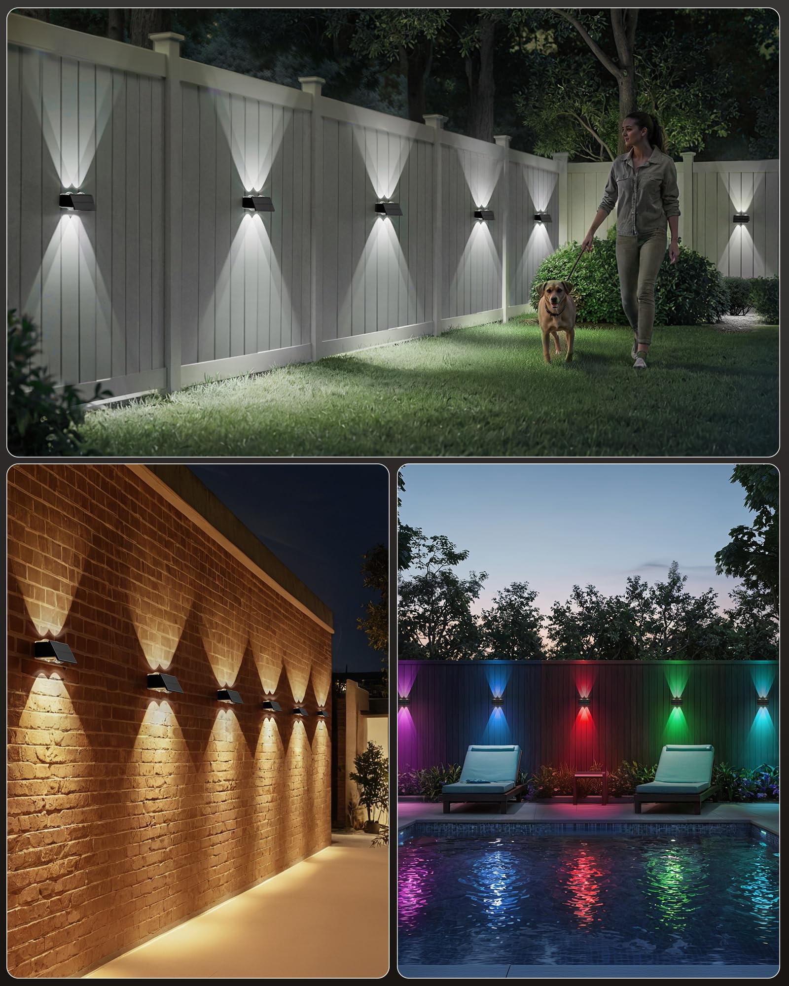 Bridika Solar Fence Lights Outdoor, 6 Pack Up And Down Wall Light, 8 Colors Lens Led Dusk To Dawn Solar Lights Outdoor Waterproof For Patio, Deck, Backyard, Garden