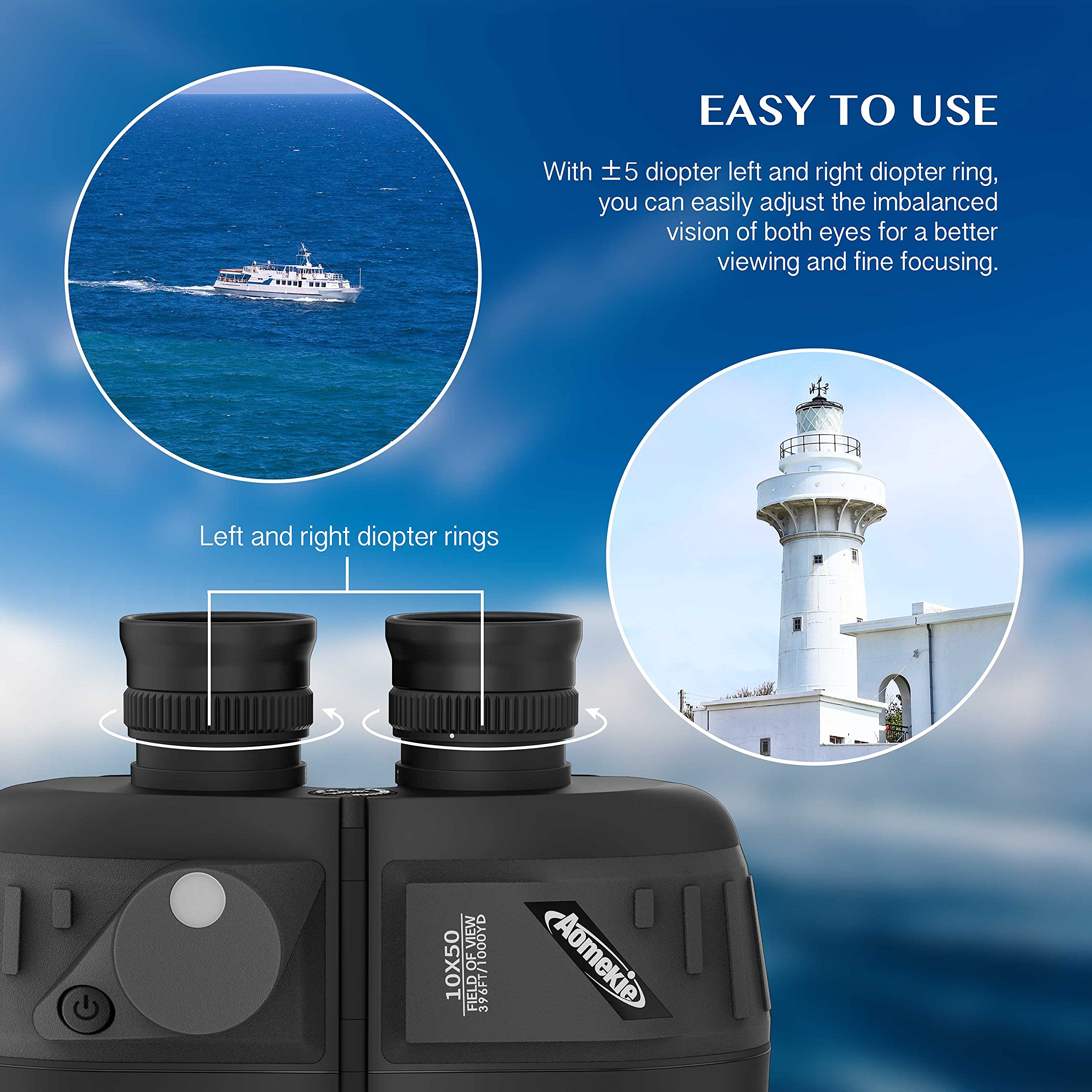 Aomekie 10X50 Binoculars For Adults Marine Military Binoculars Waterproof With Rangefinder Compass Bak4 Prism Fmc Lens For Birdwatching Hunting Boating (10X50 Black)