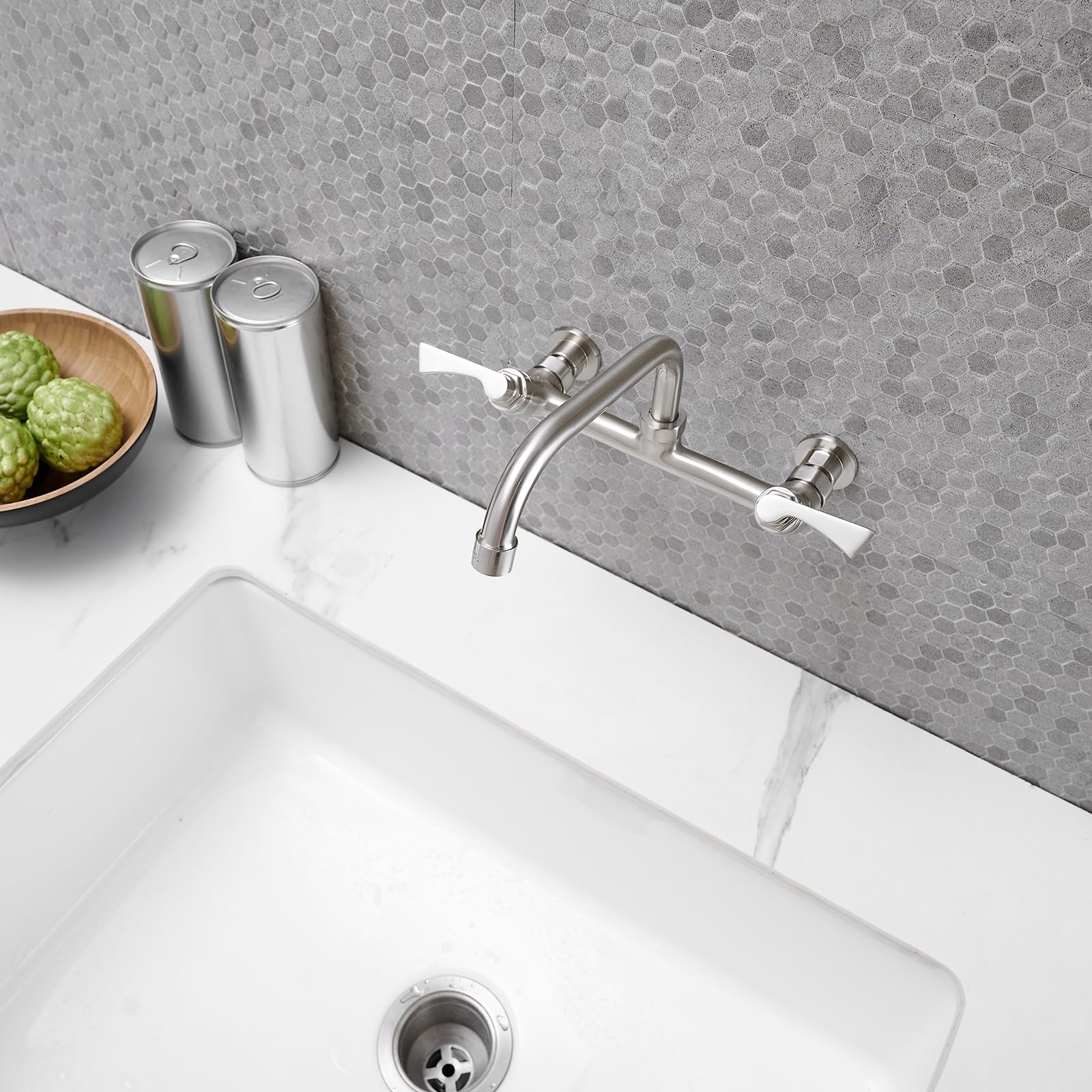 Bathfinesse Wall Mount Faucet, Commercial Kitchen Sink Faucet Brass With 8 Inch Swivel Spout 8" Center Adjustable 2 Handle Utility Sink Faucets, Brushed Nickel