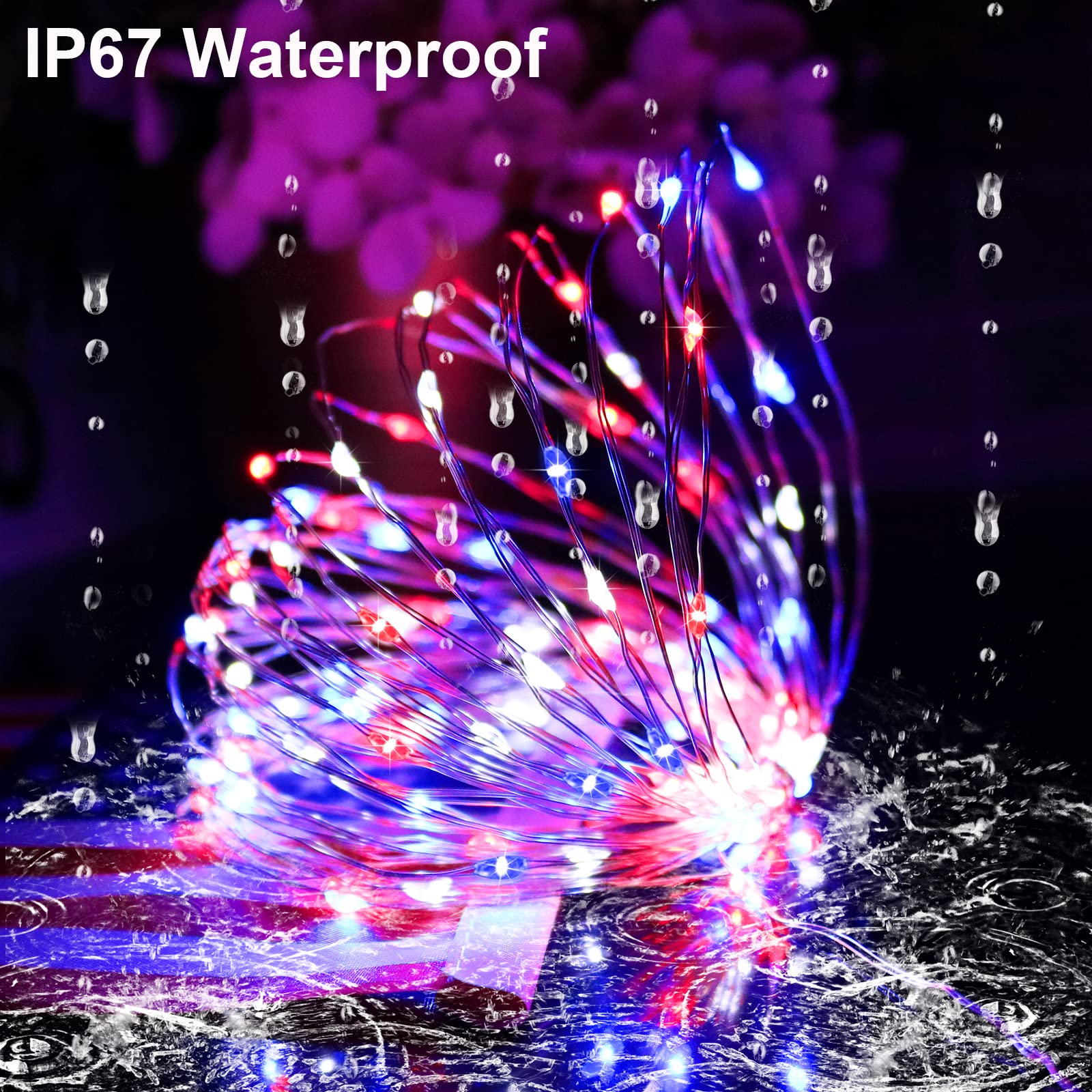 Yaozhou 4Th Of July Memorial Day Patriotic Decorations Solar String Lights Outdoor Waterproof-Red White And Blue Lights,2Pack Each 100Led 33Ft,Ip67 Waterproof 8 Modes Fairy Lights For Garden,Patio Yard
