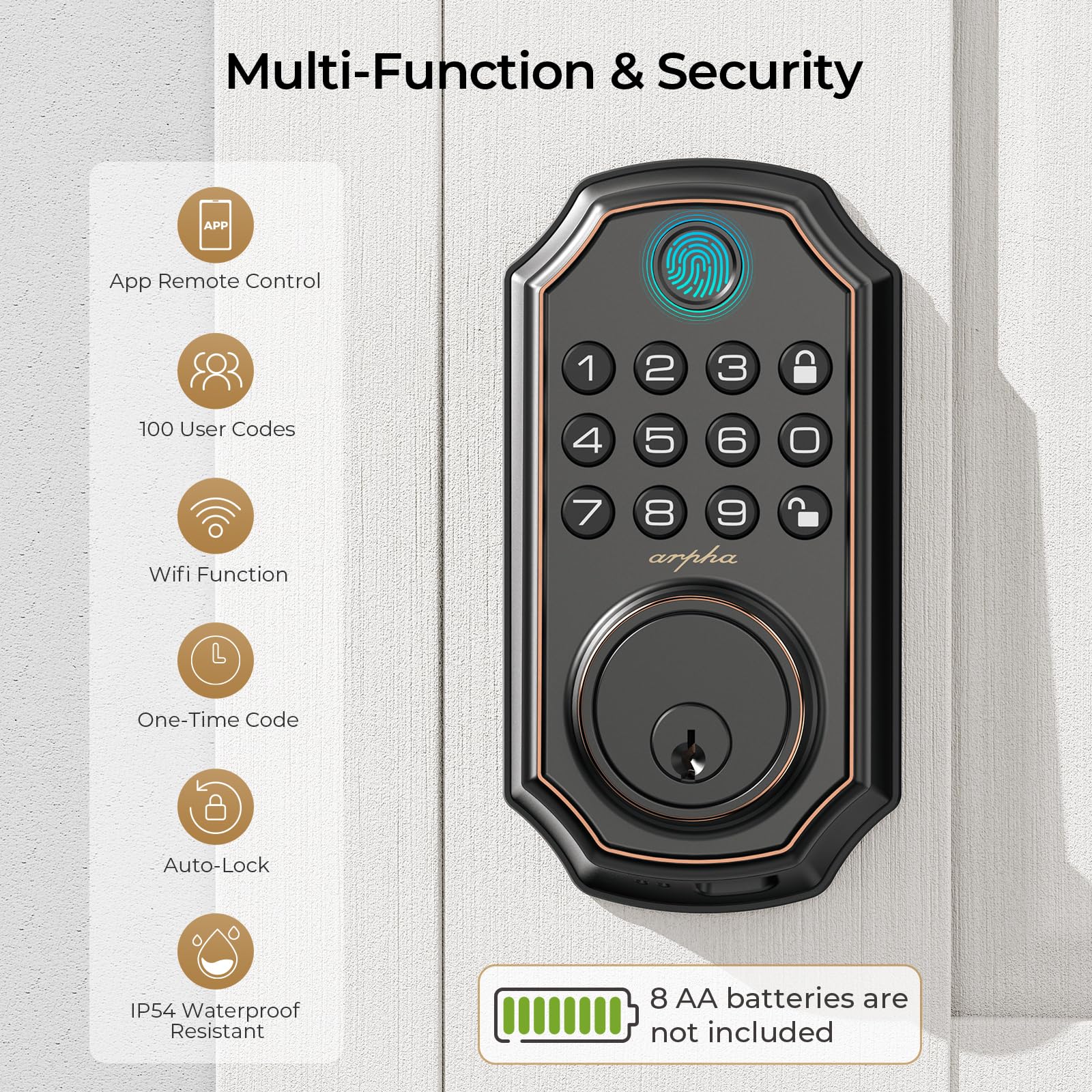 Arpha Fingerprint Smart Door Lock - Keyless Entry Door Lock, Built-In Wifi Deadbolt With Keypad, App Remote Control, Easy Installation