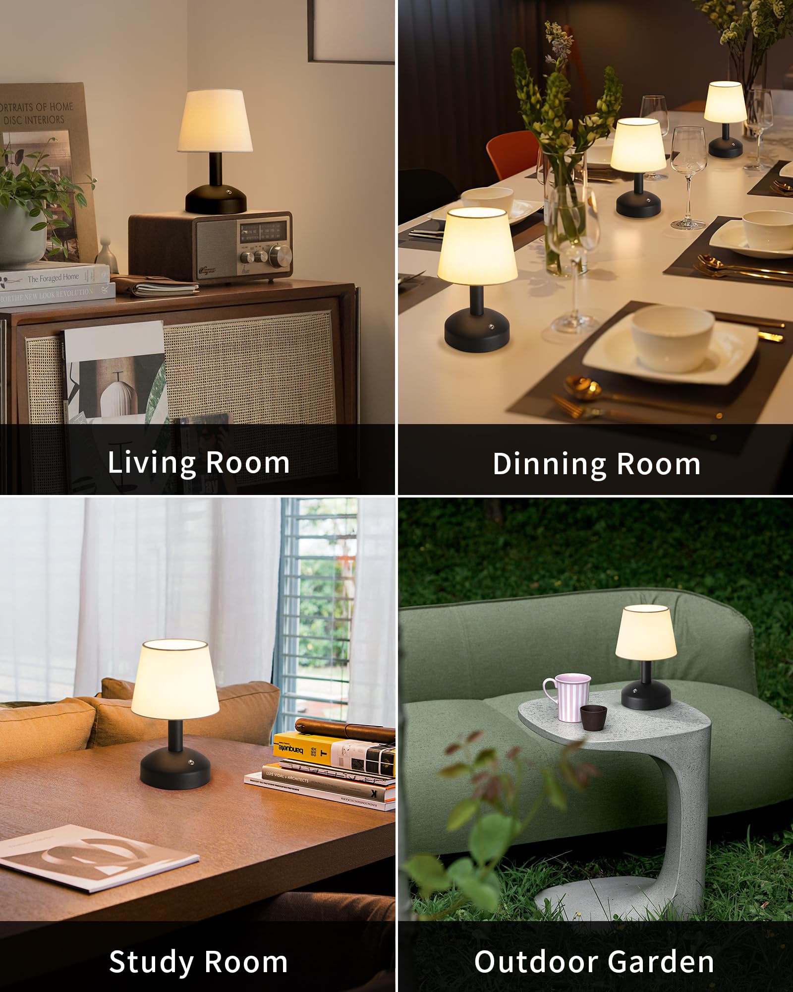Kdg Modern Cordless Small Table Lamp Set Of 2, Portable Led Fabric Shade Desk Lamps, 5000Mah Rechargeable Battery Operated Lighting For Bedroom, Bedside, Bar, Living Room, Dining Room (Black)