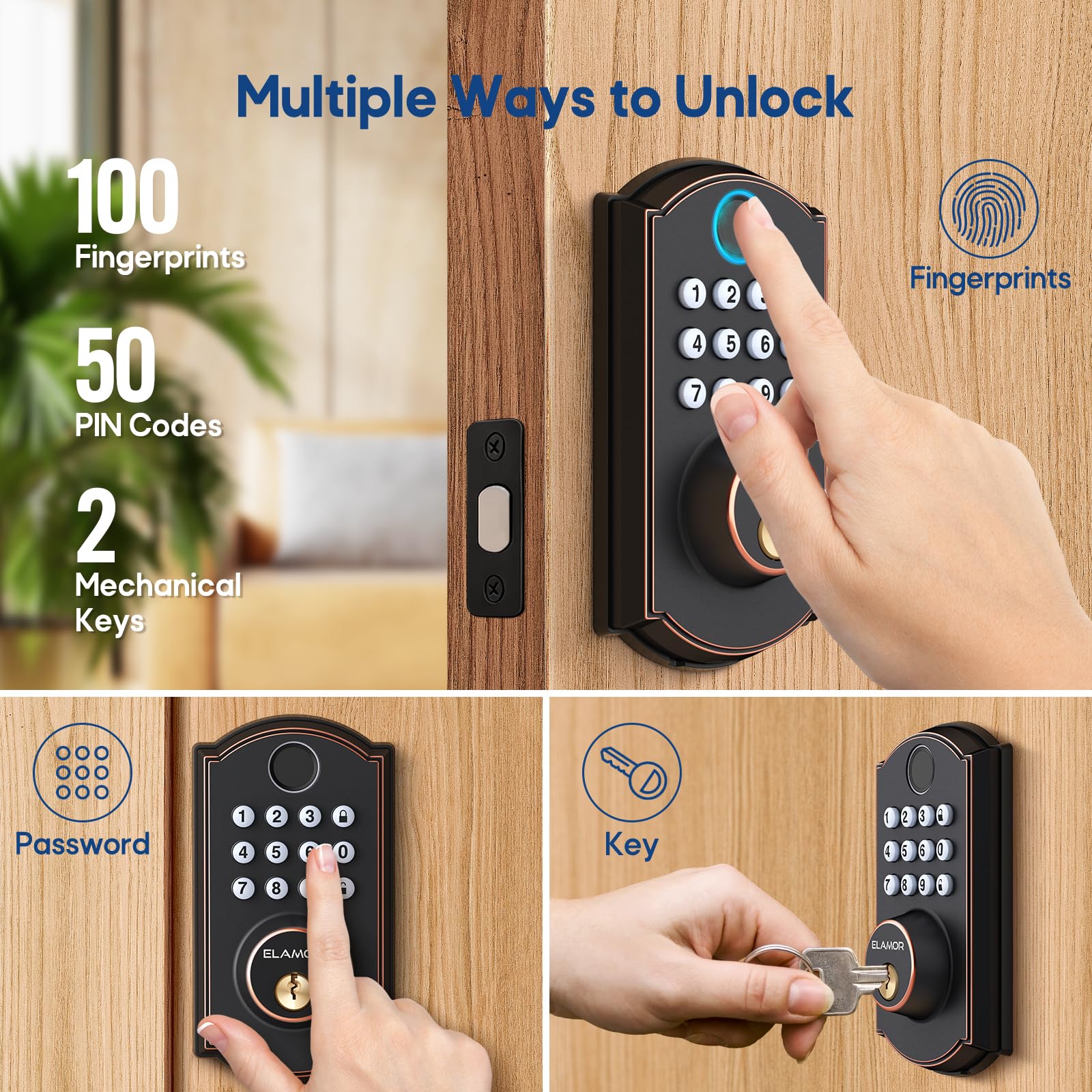 Elamor M19 Fingerprint Door Lock With 2 Lever Handles, Keyless Entry Door Lock, Automatic Locking, Easy To Install, Electronic Keypad Deadbolt With Code, Front Deadbolt Handle Sets, Oil Rubbed Bronze