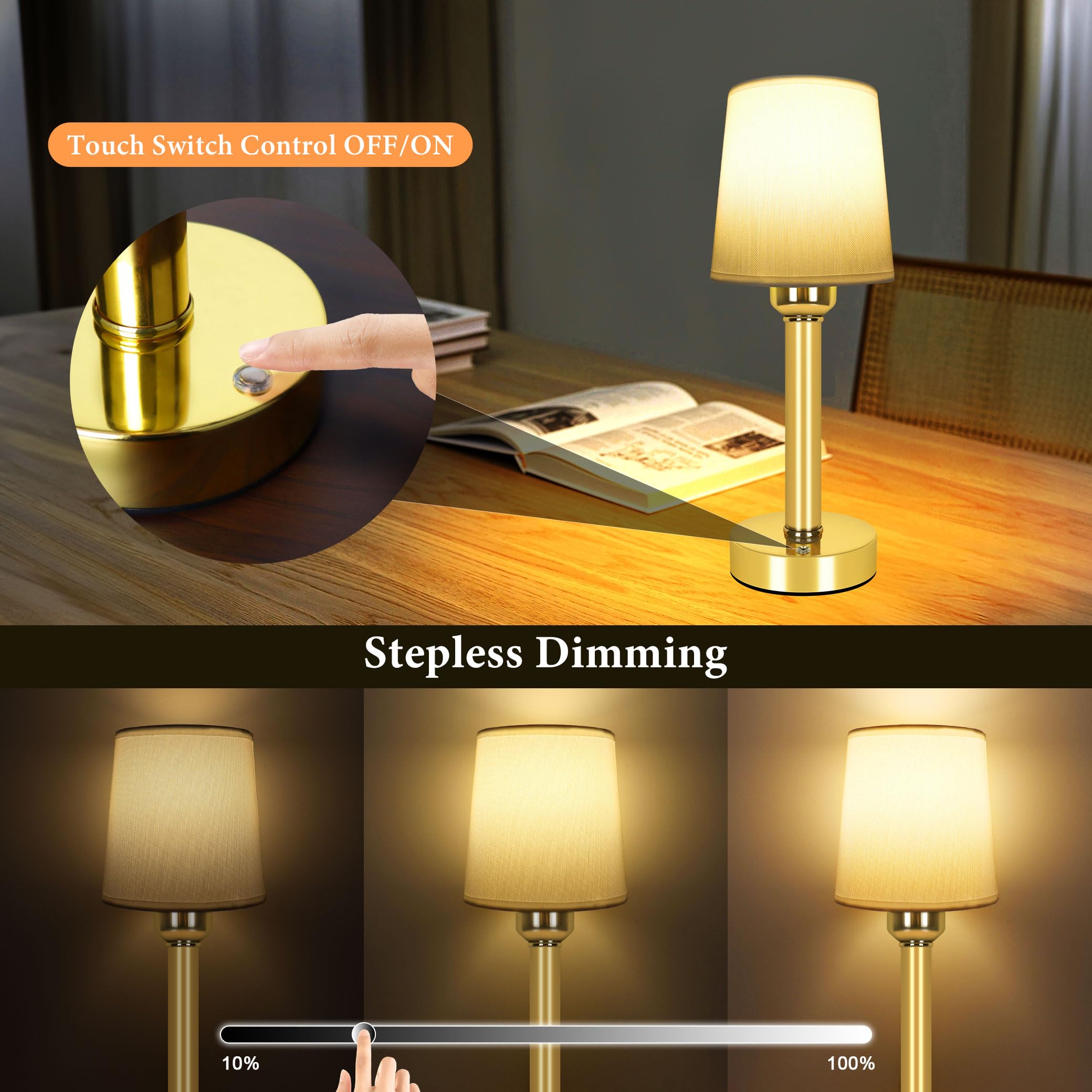 Yurnero 2 Pack Cordless Table Lamp, 6000Mah Rechargeable Battery Operated Lamp For Night Stand, 10%-100% Stepless Brightness Dimming Bedside Lamps, Portables Fabric Shade Desk Lamp For Dining