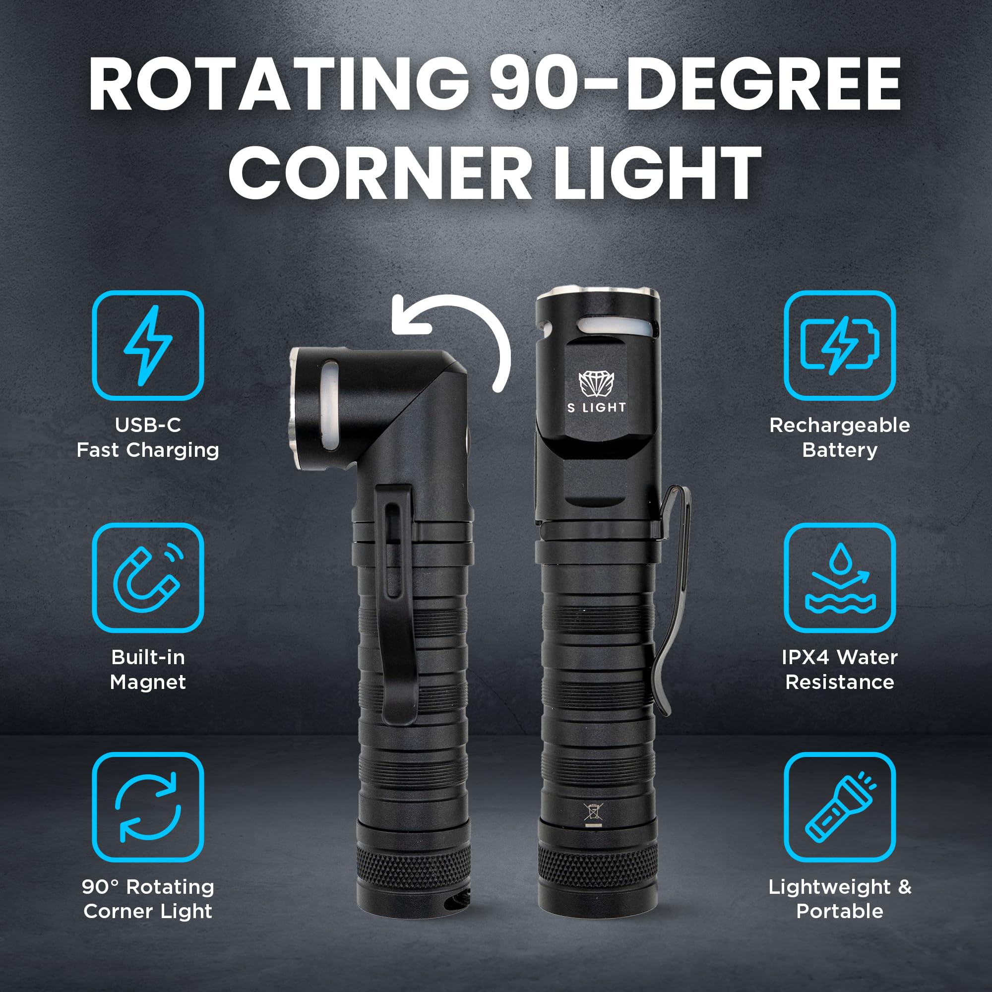 S Light Rechargeable Utility Flashlight, 1400Lm Magnetic Base Led Light With Right Angle Head, Pocket Flashlight For Work, Camping & Emergency, High Lumens, Durable & Water-Resistant