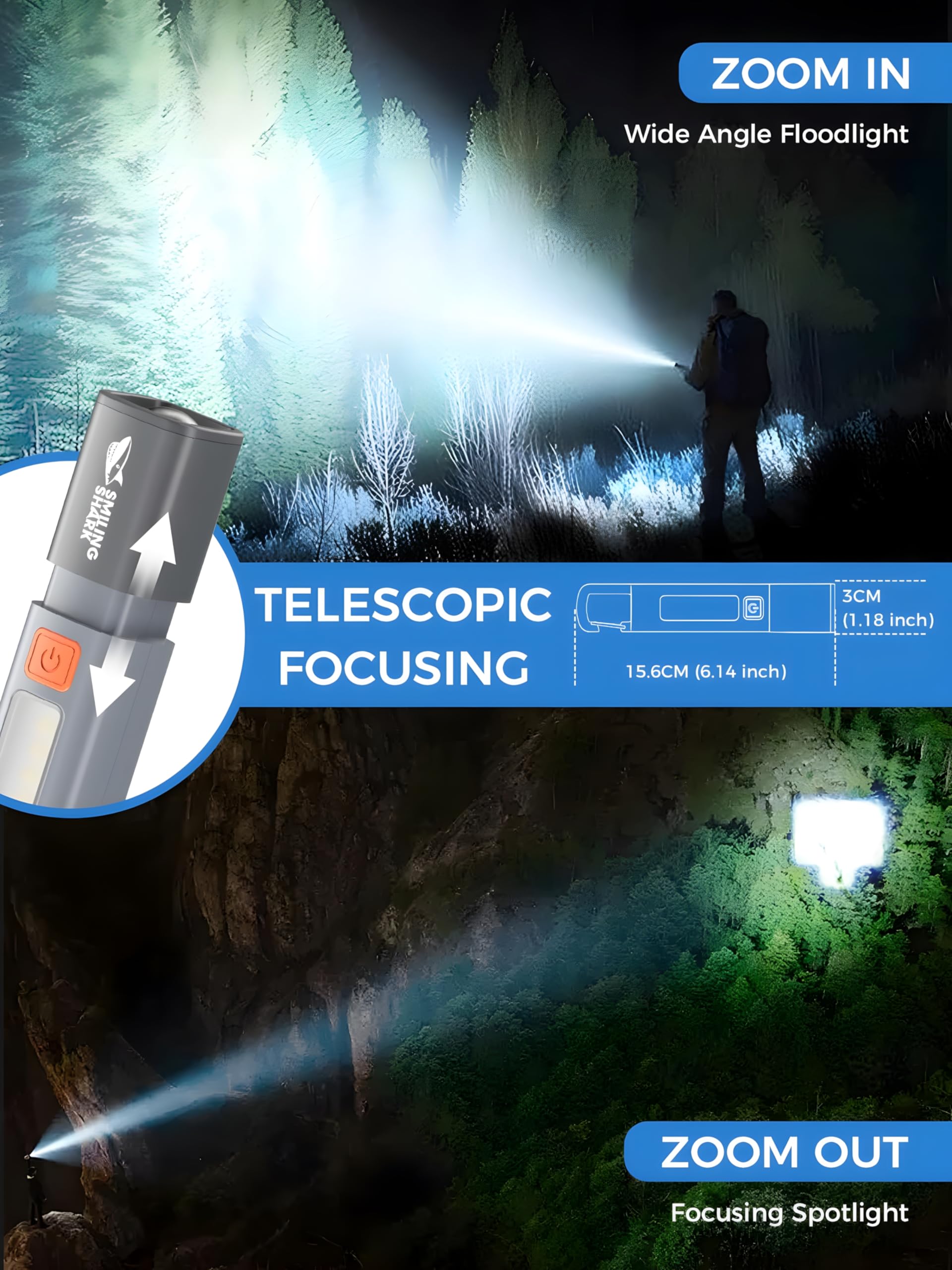 Dubom 1200Mah Portable Torch Led Work Light, Cob Side G1 Flash Light, 3 Modes Zoomable Focus White Waterproof Powerful Super Bright Edc, Outdoor Emergency, Mini-Rechargeable, Camping Flashlight (1, Gray)