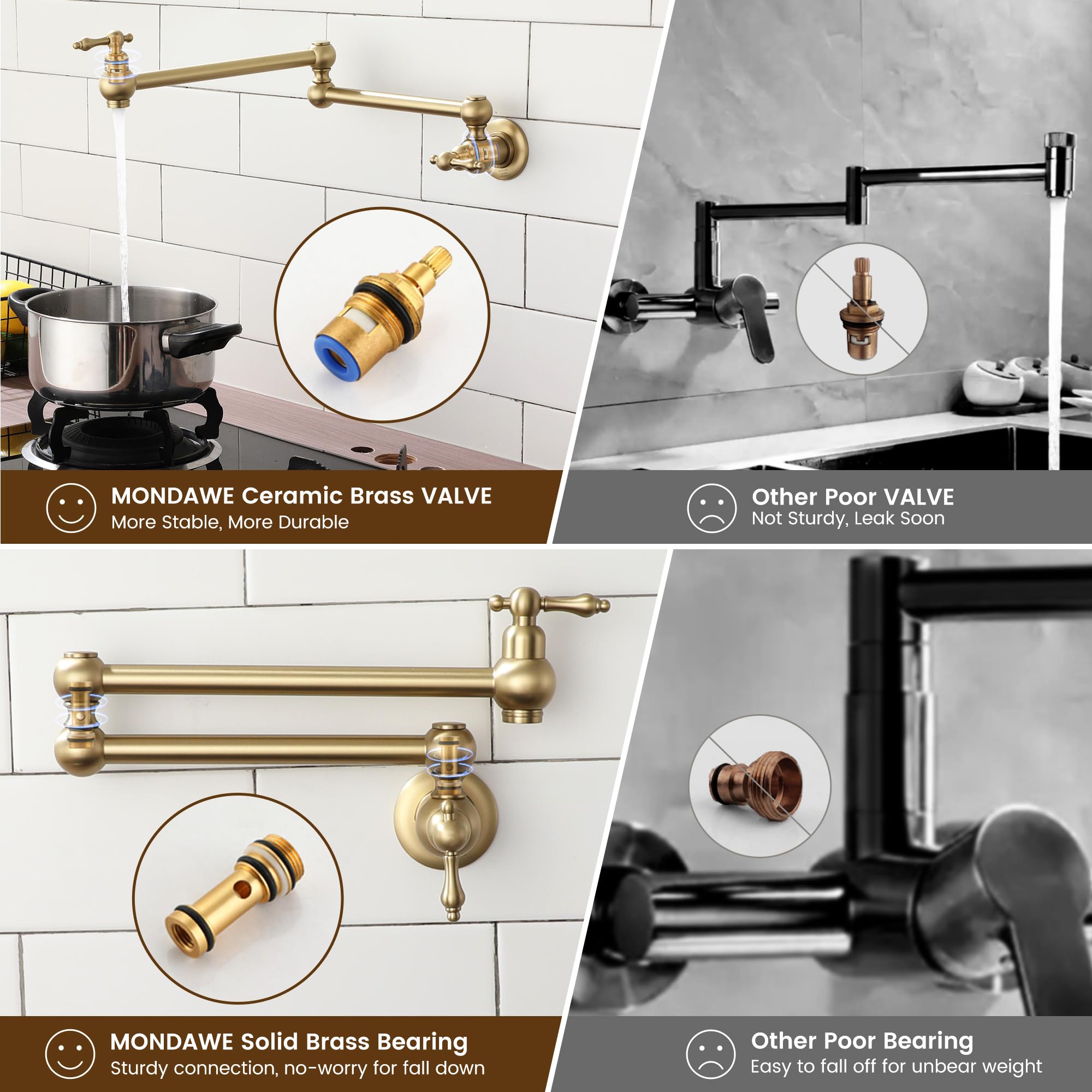 Mondawe Brushed Gold Pot Filler Faucet, Brass Wall Mount Stove Faucet, Double Handle Folding Pasta Faucet Over Stove, Kitchen Pot Faucet With Double Joint Swing Arms, 1.8 Gpm, 360°Rotation