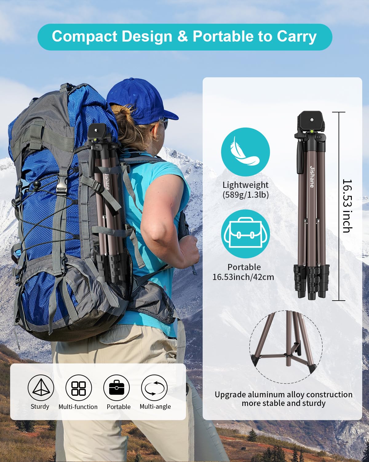 Jishane 71" Camera Tripod, Lightweight Aluminum Phone Tripod With Wireless Remote, Phone Holder & Carry Bag, Portable Travel Camera Stand For Smartphones Canon Nikon Dslr Cameras, Max Load 6.6 Lb (Brown)