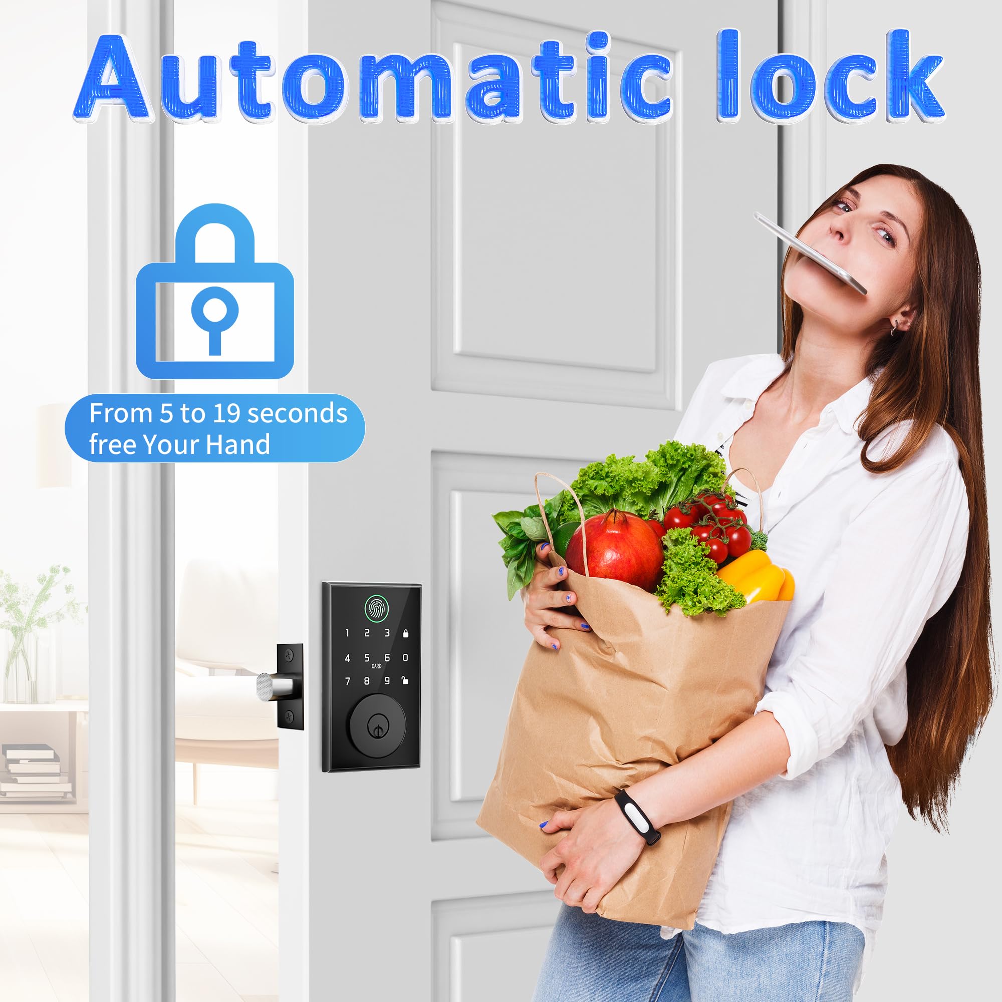 Klozar Smart Door Lock With Fingerprint, Keyless Entry Door Lock With Built-In Bluetooth,Fingerprint Id,App Remote Control,Auto Unlock,Door Status Alert