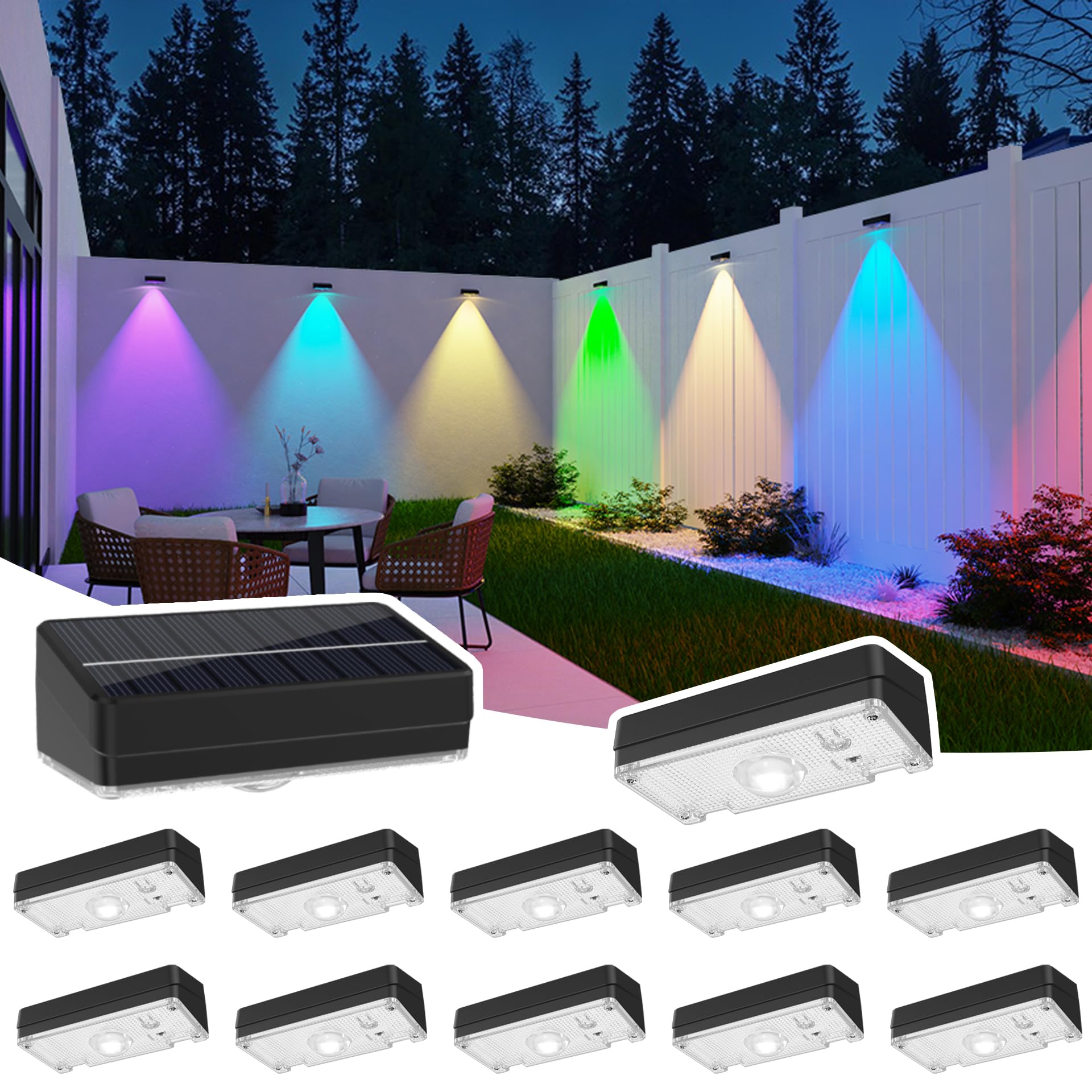 Zcxlight Solar Fence Lights,Fence Lights Solar Powered Waterproof Ip65 Multicolor Led 12 Fixed Colors ＆Rgb Color Changing For Pool, Deck, Patio, Porch, Stairs, Holiday (12)