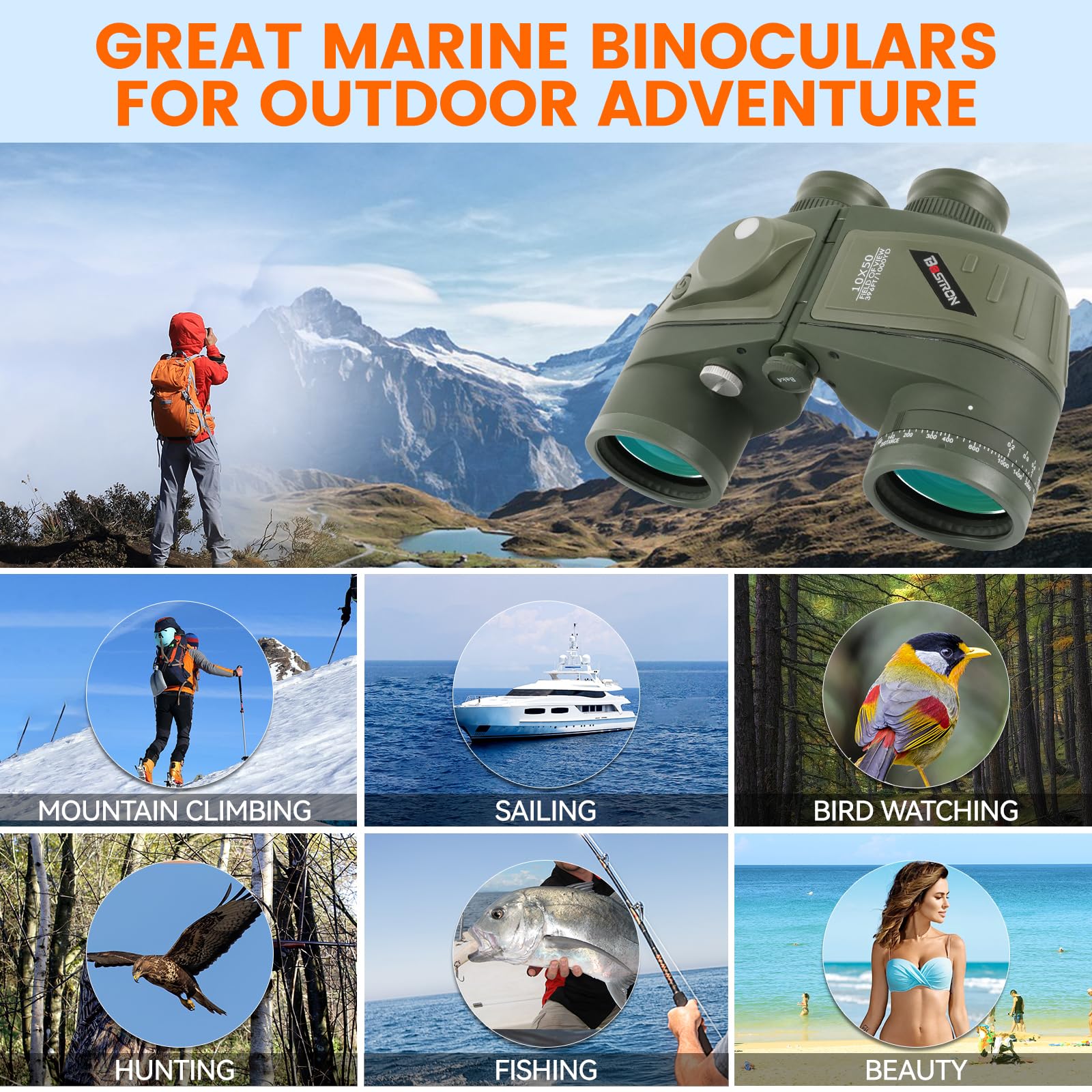 Bostron 10X50 Marine Binoculars With Compass Rangefinder,Phone Adapter,Strap,Bak4 Lens,Shockproof Military Ipx7 Floating Waterproof Binoculars For Adults Sailing Boating Hunting Birdwatching