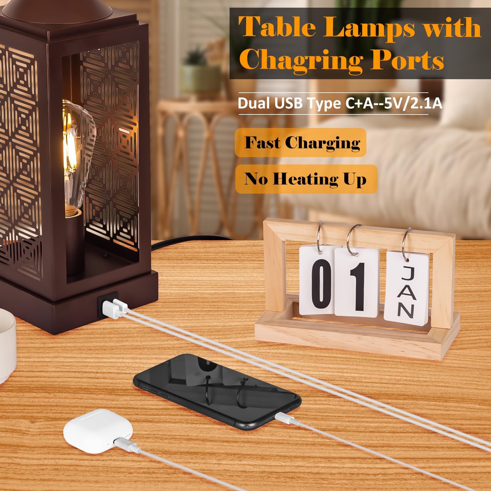 Roravilila Brown Bedroom Lamps With Dual Usb Ports Set Of 2, Farmhouse Living Room Table Lamps With Up&Down Lights For Bedside Night Stand, 25” Oil Rubbed Bronze