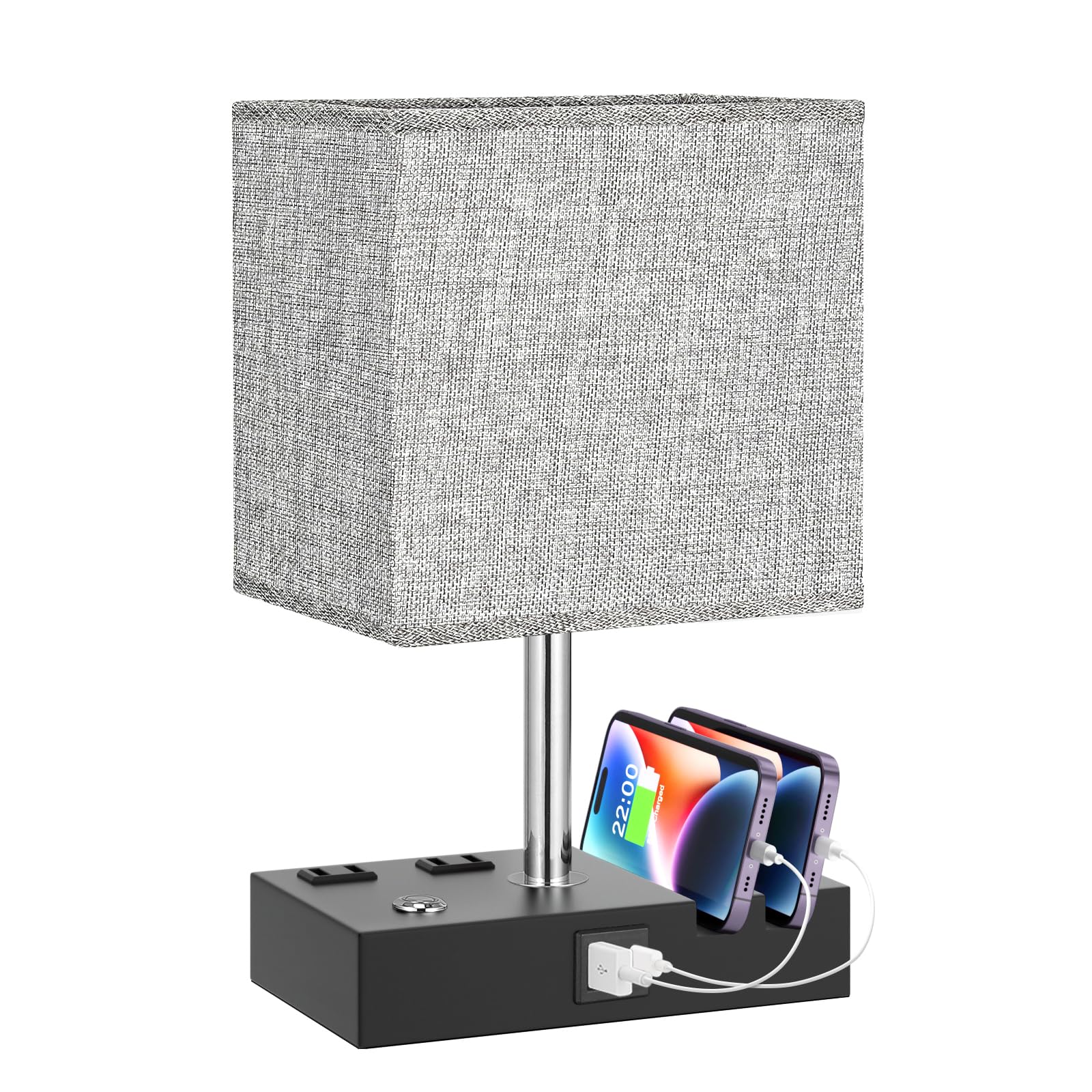 Kakanuo Nightstand Lamp For Bedroom With Dual Usb Ports, Grey Touch Control Bedside Table Lamp With Charging Outlets And Phone Stands, 3-Way Dimmable Desk Lamp For Living Room, Led Bulb Included