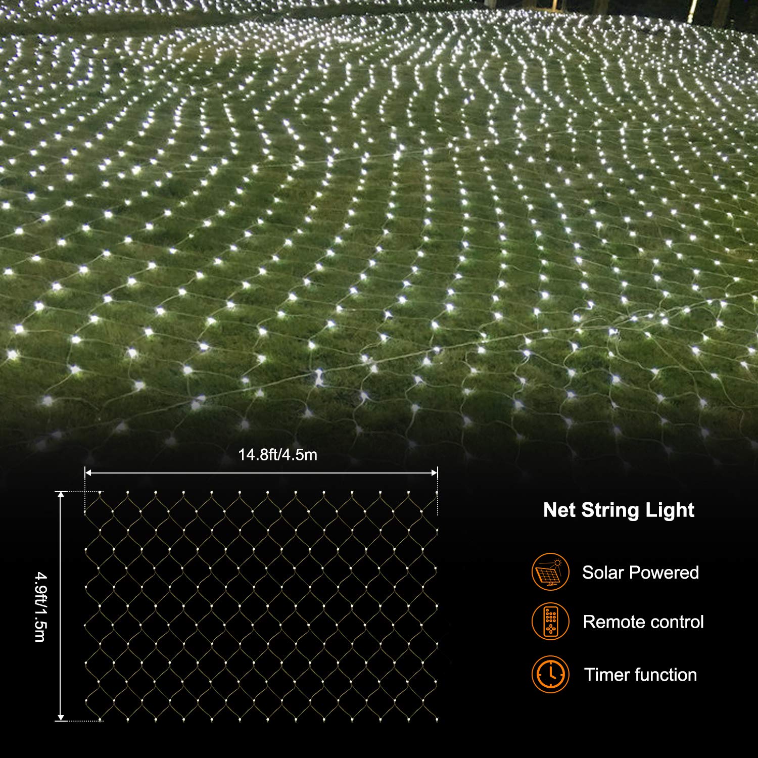 Psboxs Solar Powered Net String Lights Outdoor Christmas Net Light 15 X 5Ft Mesh Tree Fairy Light Garden Twinkle Lights With Remote For Lawn Fence Indoor Decor(White)