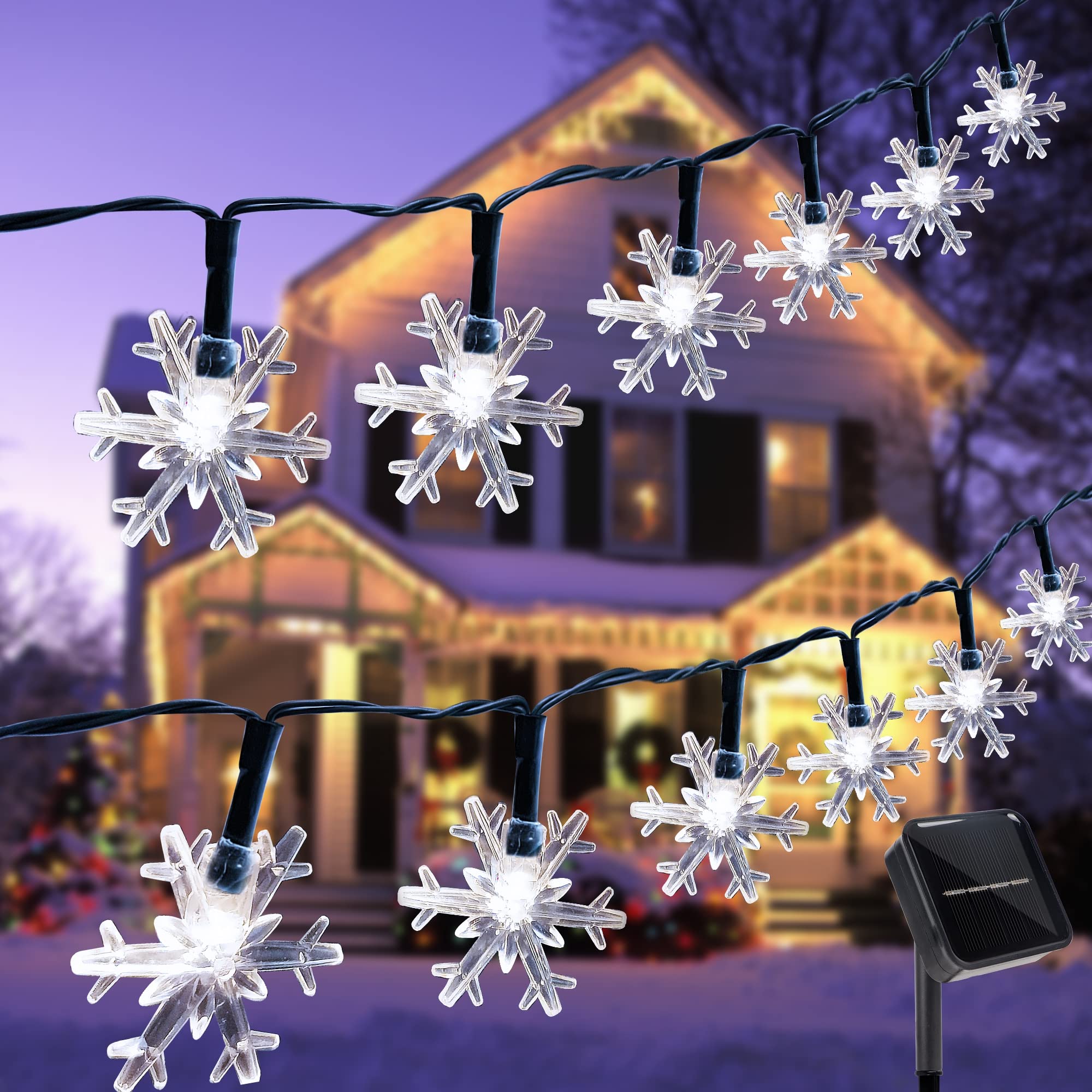 Twinkle Star Solar Snowflake String Lights, 100 Led 33 Ft Outdoor Christmas Fairy Lights, 8 Lighting Modes & Waterproof For Holiday Year Wedding Party, Xmas Tree, Garden Decor, Cool White