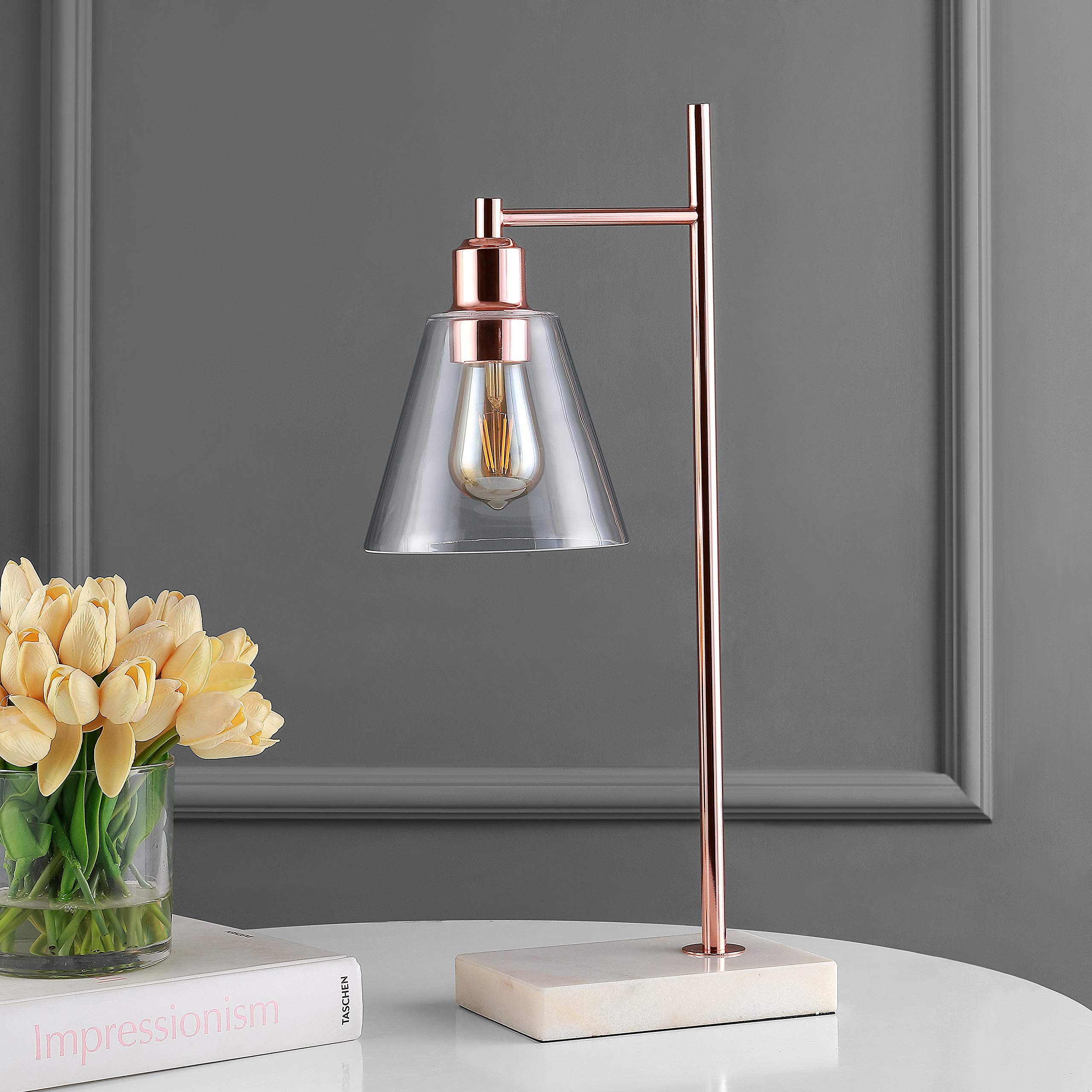 Jonathan Y Jyl1100A Lorena 22.25" Modern Glam Metal/Marble Led Table Lamp Contemporary Mid-Century Bedside Desk Nightstand Lamp For Bedroom Living Room Office College Bookcase, Copper