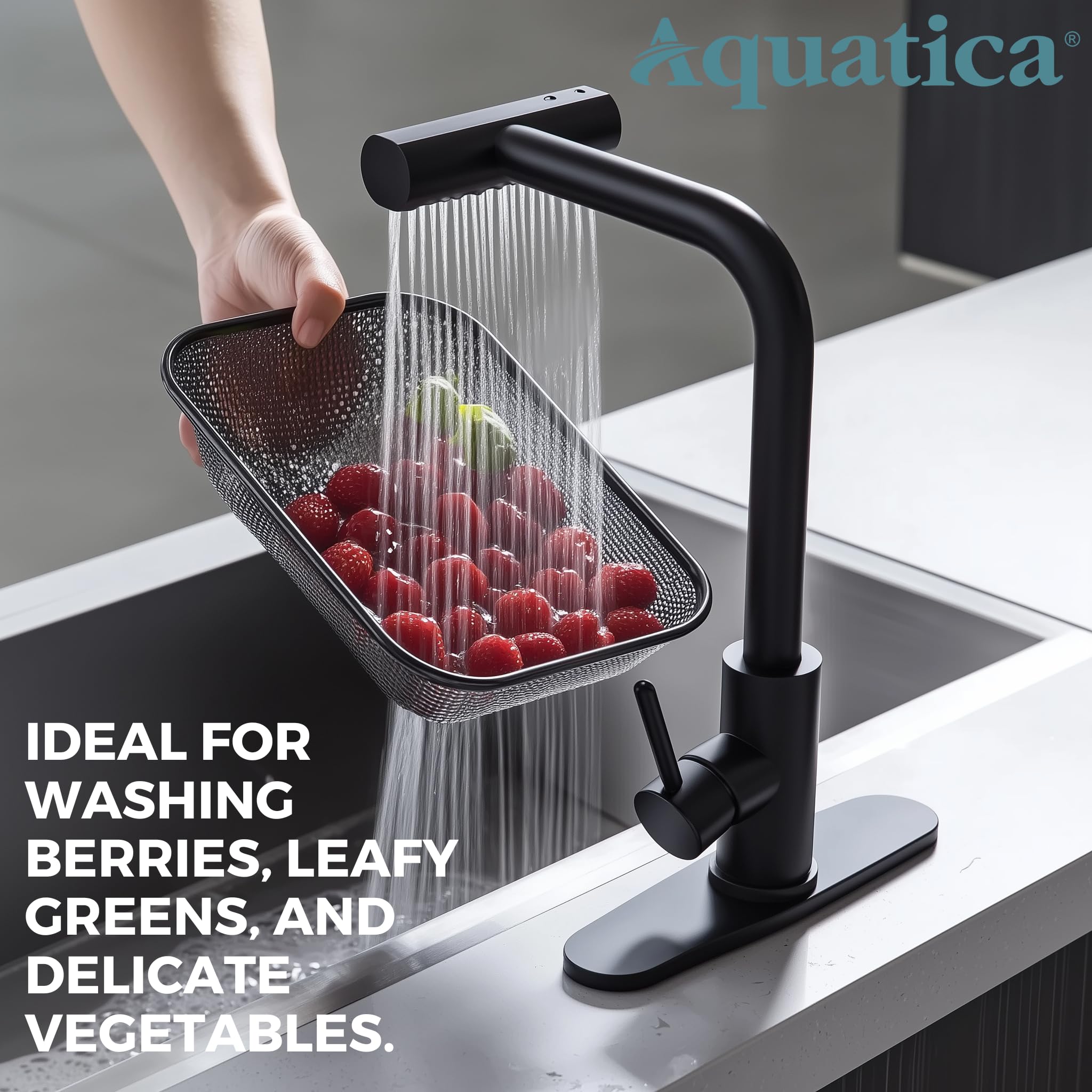 Aquatica Waterfall Faucet For Kitchen Sink – Matte Black, Pull Down Sprayer With 4 Spray Modes, Stainless Steel Single Handle, High Arc 360° Swivel – Modern Kitchen Faucet For Home & Commercial Use