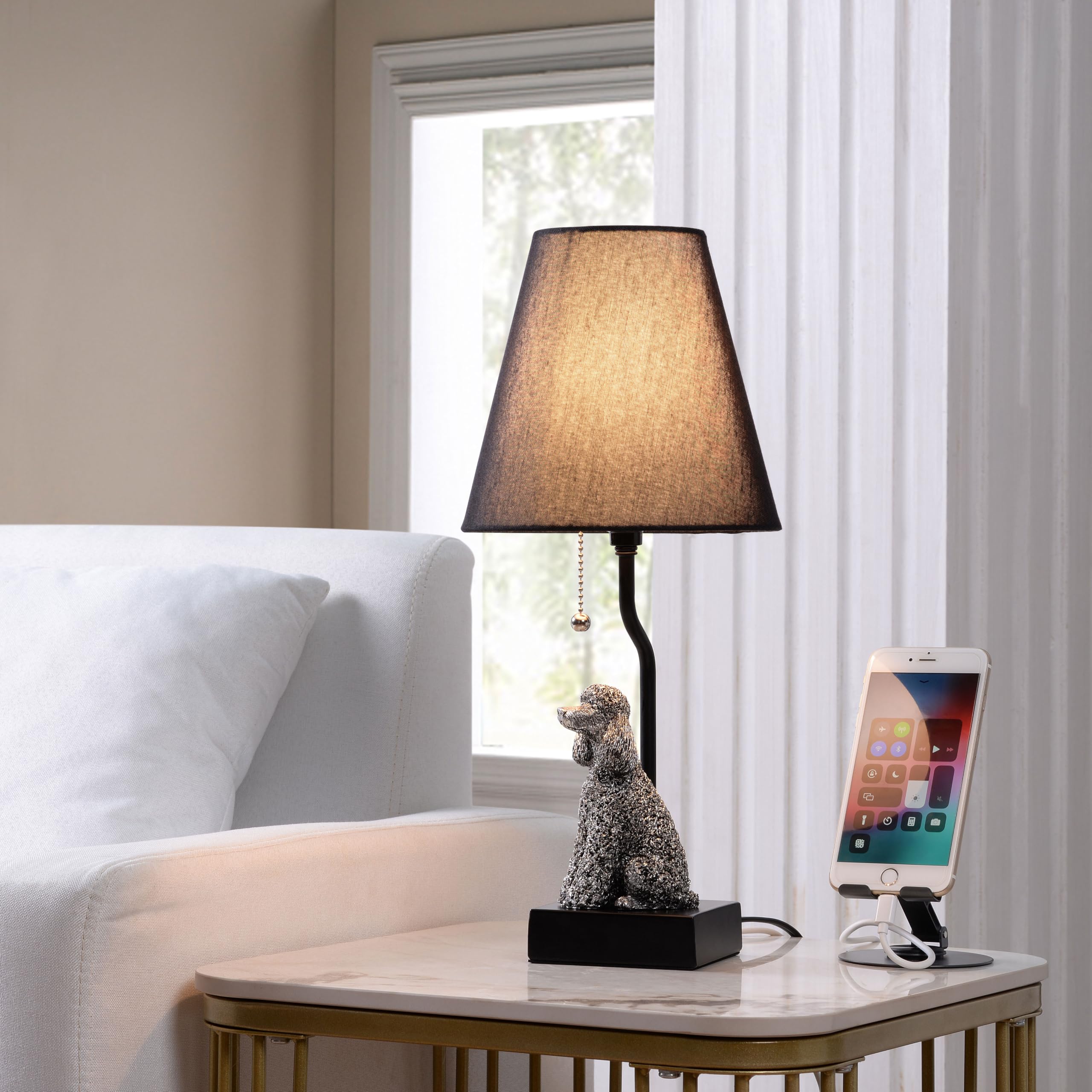 Jjdqb Portable Poodle Table Lamp With Usb-C & Usb-A Charging Ports, Black Fabric Shade & Dog Figurine Base, Nightstand/Bedside Lamp With Pull Chain Switch – For Dog Lovers 24094