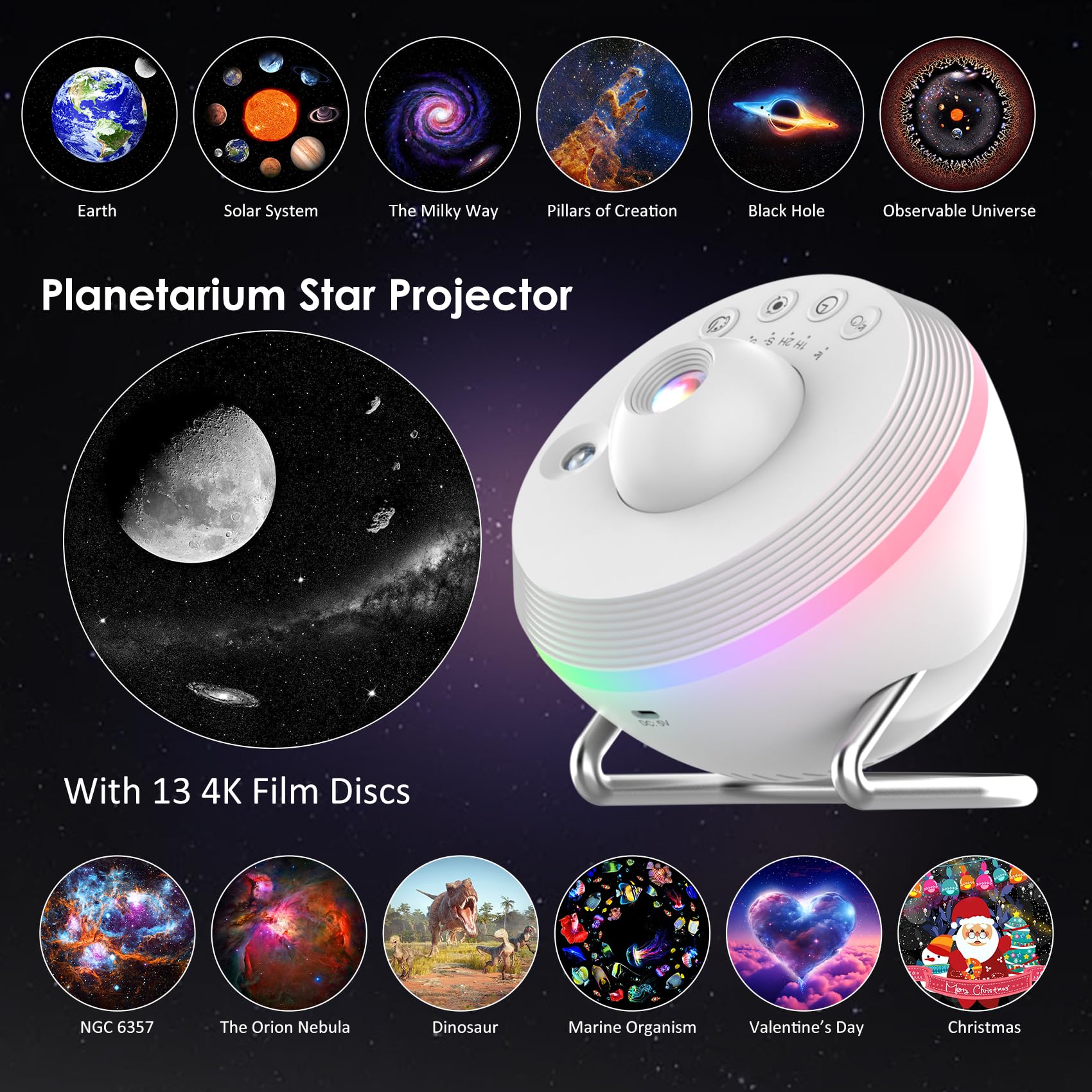Elec3 Star Projector, Galaxy Night Light For Bedroom With 4K Replaceable 13 Galaxy Discs And 6 Nightlight, 360 Degree Rotation Nebula Projector Lamp Starry Sky Night Light Birthday Valentines
