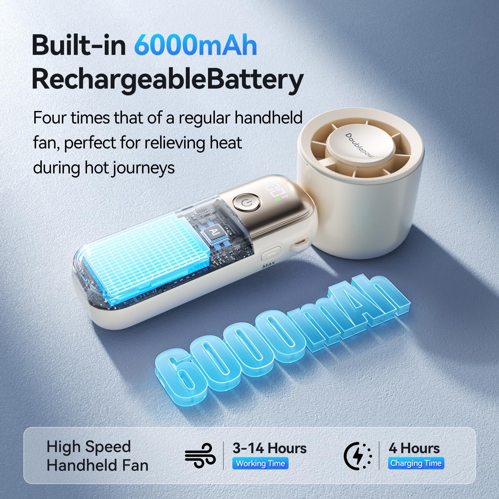 Rechargeable Aristide handheld fan, 6000mAh battery, perfect for long-lasting portable cooling up to 13.5 hours
