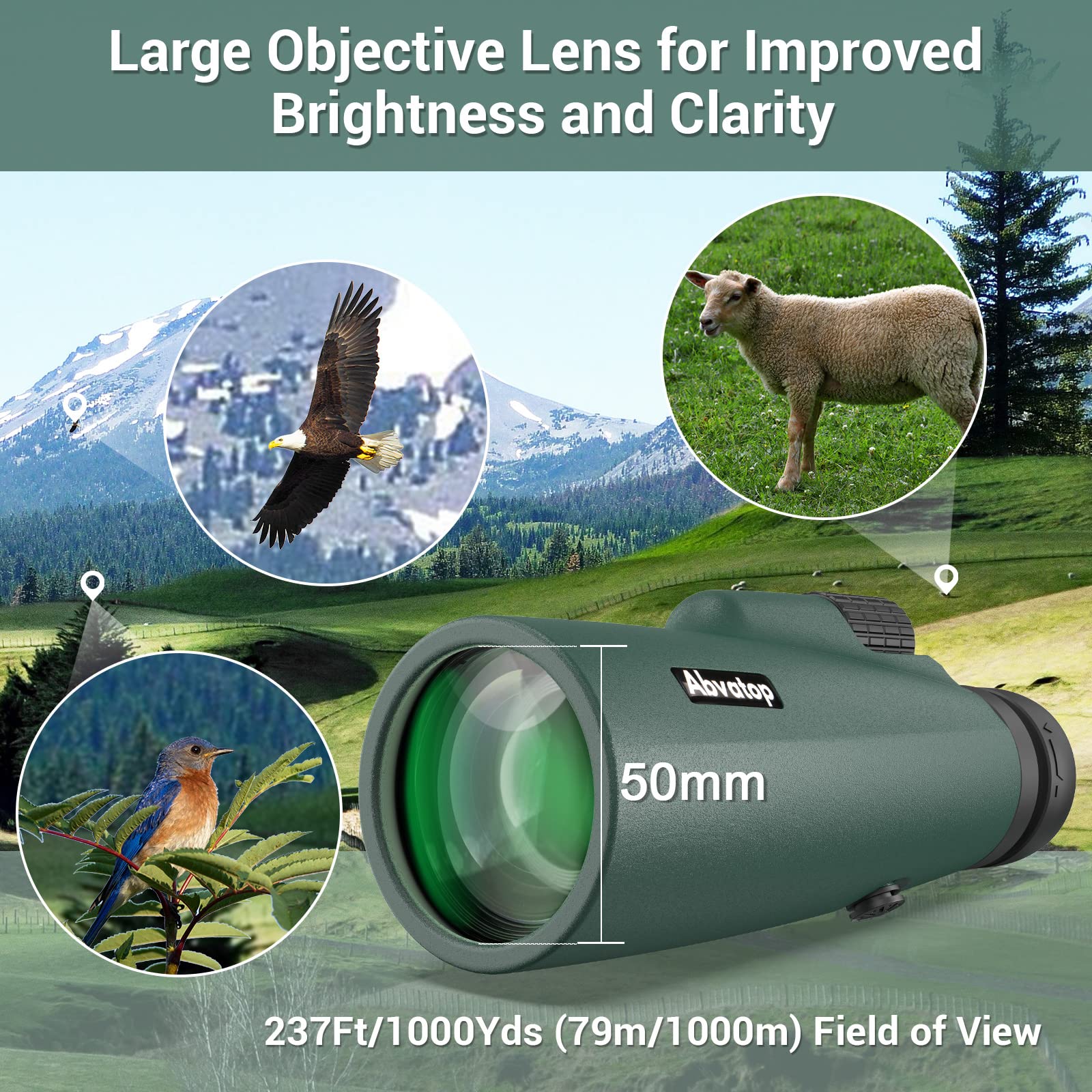 Abvatop 15X50 Monocular Telescope For Smartphone, Monoculars For Adults High Powered High-Definition Portable Handheld Telescope With Phone Adapter Bak4 Prism Fmc Lens For Hiking Hunting Camping Bird Watching