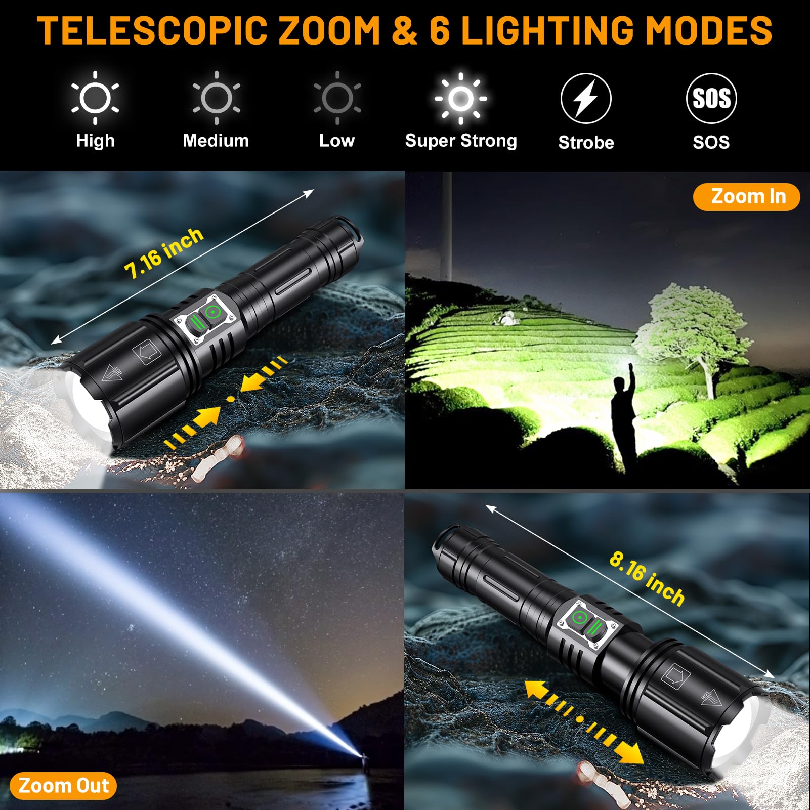 Baibian Led Super Bright Flashlight 1200000 High Lumens, High Powered Rechargeable Flashlights, 6 Modes Zoomable, Waterproof Flash Lights, Tactical Handheld Flashlight For Emergency, Camping, Outdoor, Home