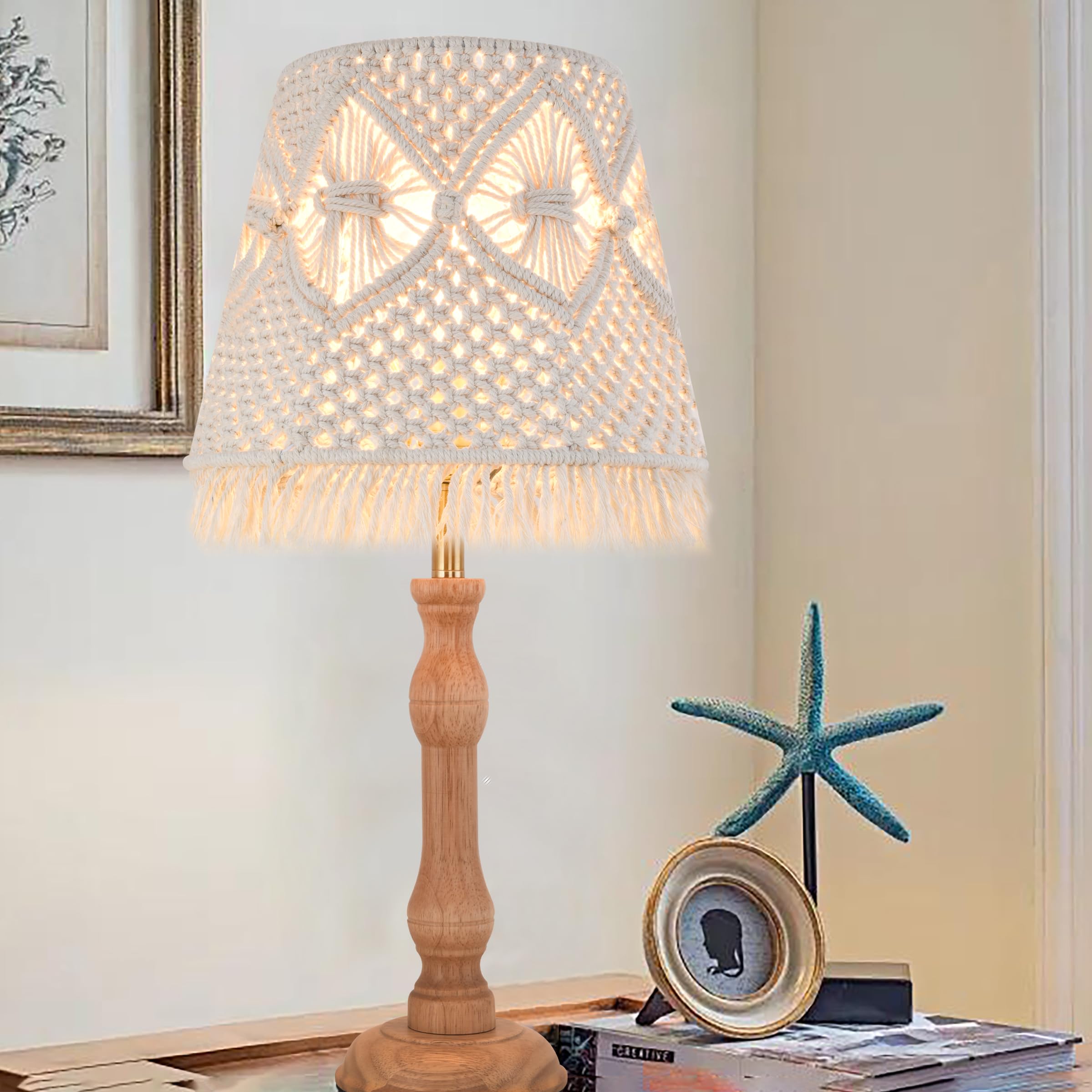 Boxemiya Boho Wood Table Lamp 23In Cute Desk Lamp With White-Ivory Hollow Woven Lampshade - Modern Bedside Or Side Table Lamp For Bedroom,Living Room,And Interior Decoration