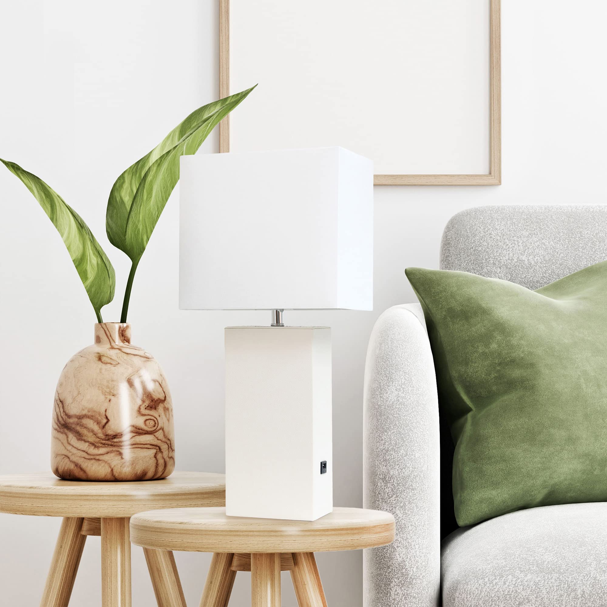 Lalia Home Lexington 21" Leather Base Modern Home Décor Bedside Table Lamp With Usb Charging Port For Living Room, Bedroom, Entryway, Foyer, Or Office (White)