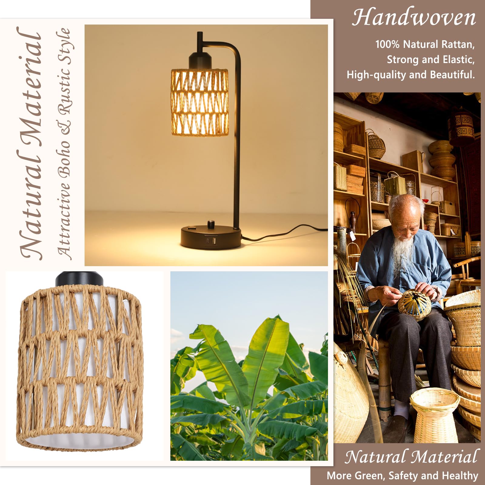 Stepeak Rattan Table Lamps For Living Room Set Of 2, Boho Bedside Lamps With Led Bulbs, Usb Charging Ports And Outlet, Farmhouse Nightstand Lamp With Woven Shade, Black Desk Lamp For Bedroom Office