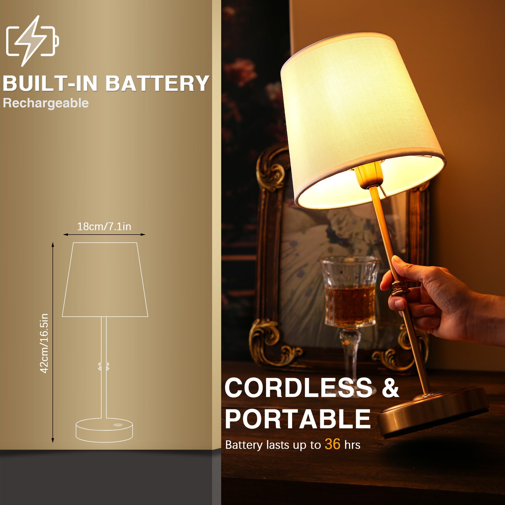 Anxingtools Rechargeable Led Cordless Table Lamp, 5200Mah Battery Operated, 3 Level Brightness, Portable Night Bedside Lamp, Ambient Desk Light For Home Decor, Patio, Restaurant, Dinning(Antique Brass)