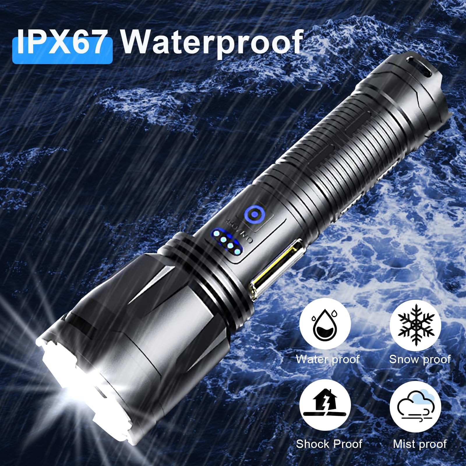 Mmxiang Flashlights High Lumens Rechargeable,300000 Lumens Super Bright Flashlights, 7 Modes With Cob Work Light, Zoomable, Ip67 Waterproof Flash Light With Cases For Emergency Camping