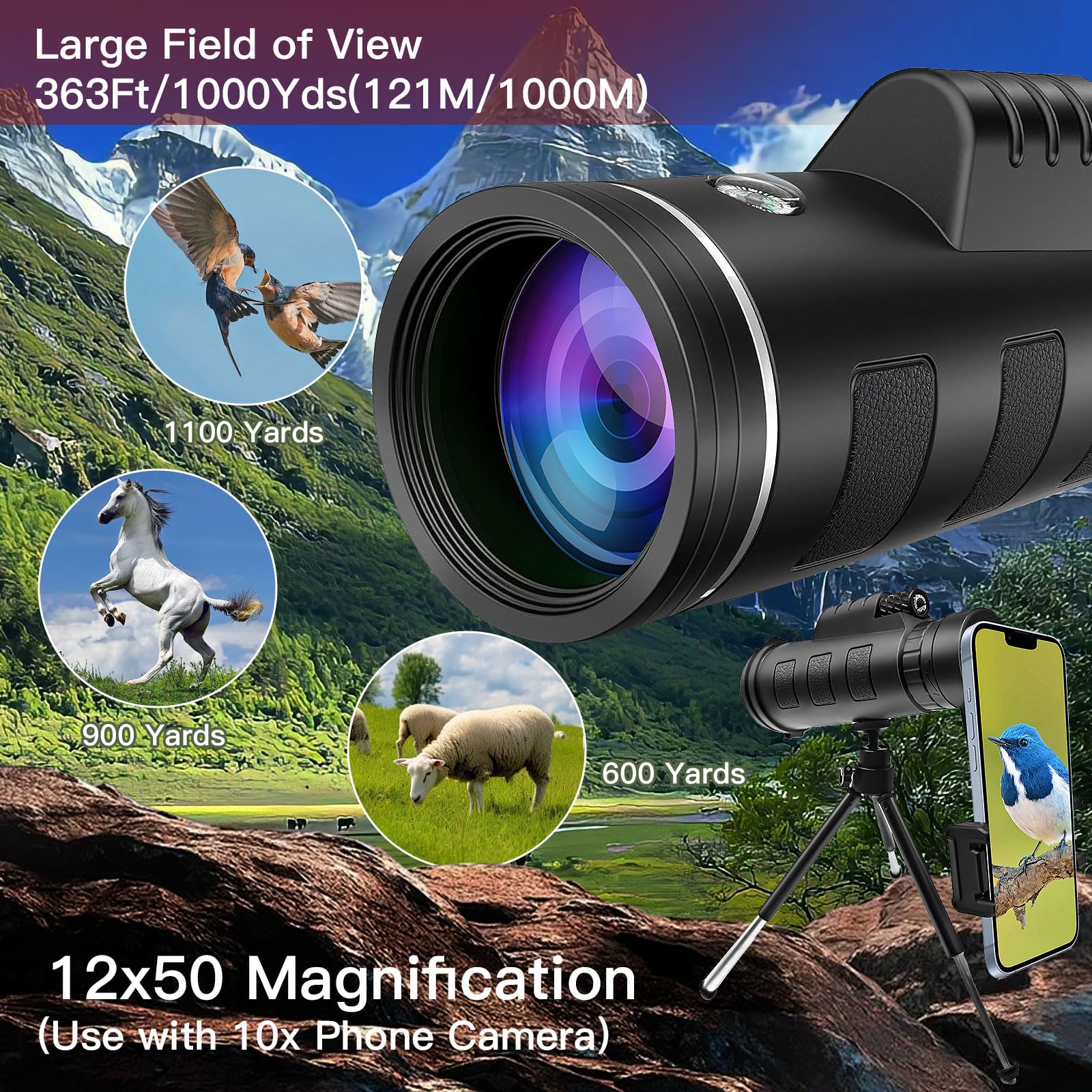 Ulikeatm Monocular Telescope For Adults,12X50 Hd Large Vision Monoculars With Smartphone Adapter Tripod,High Powered Monocular For Bird Watching Hunting Hiking Camping Wildlife,Bak4 Prism Fmc Lens,Waterproof