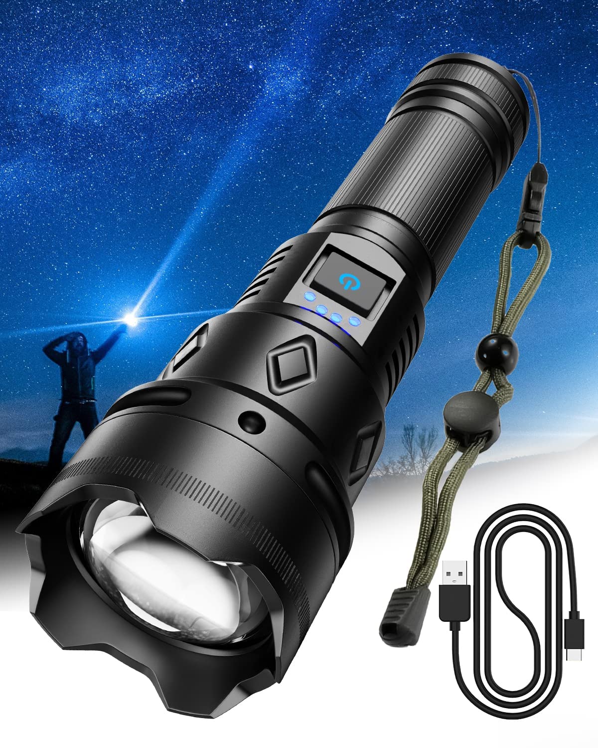 Gekiro Super Bright Rechargeable Flashlights 2500000 High Lumens,Waterproof Tactical Powerful Led Flashlight Battery Powered With 5 Modes Zoomable Fast Charge,Handheld Flashlight For Camping
