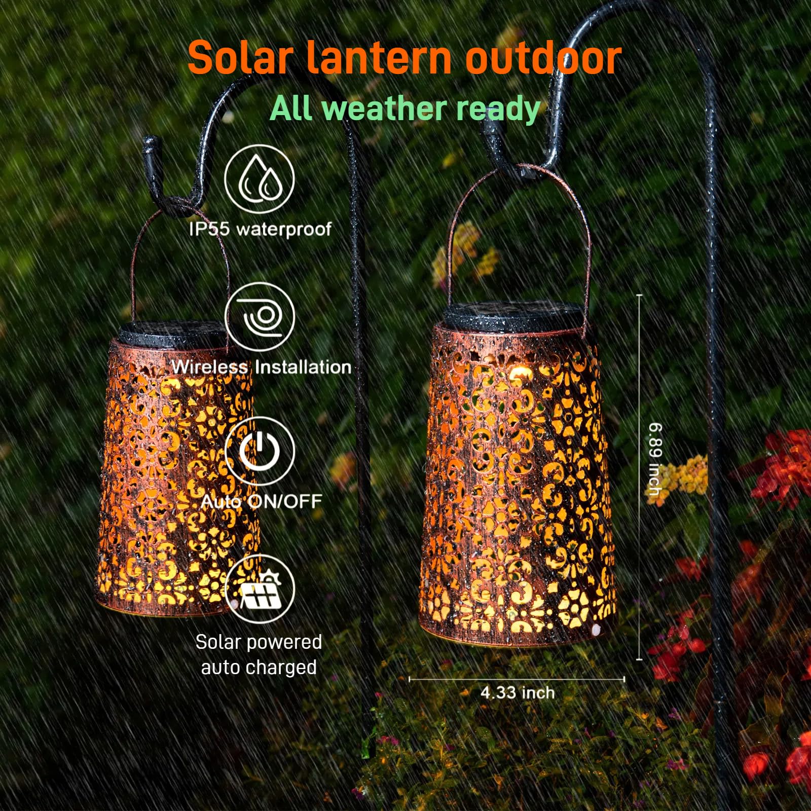 Molebit 4 Pack Solar Hanging Lanterns Outdoor, 2 Modes Adjustable White & Warm Light, Auto On/Off Metal Waterproof Solar Lights For Patio Garden Wall & Tabletop Decor