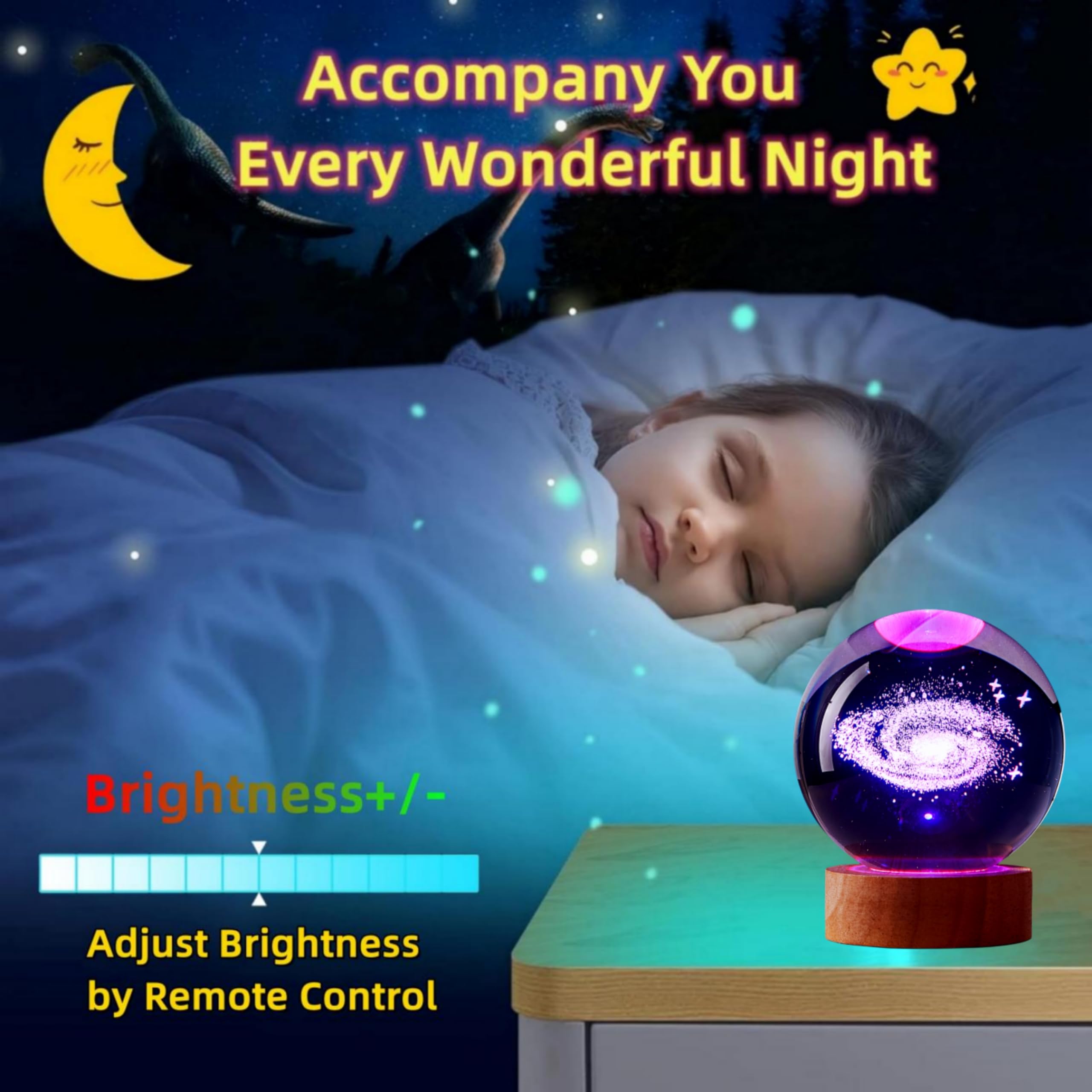 Digfpwt Galaxy Crystal Ball Night Light, 3.15 Inch 3D Solar System Crystal Lamp With Led Wooden Base, 16 Colors Change With Remote Control,  Box Packing,  Ideas For Friends (Galaxy)