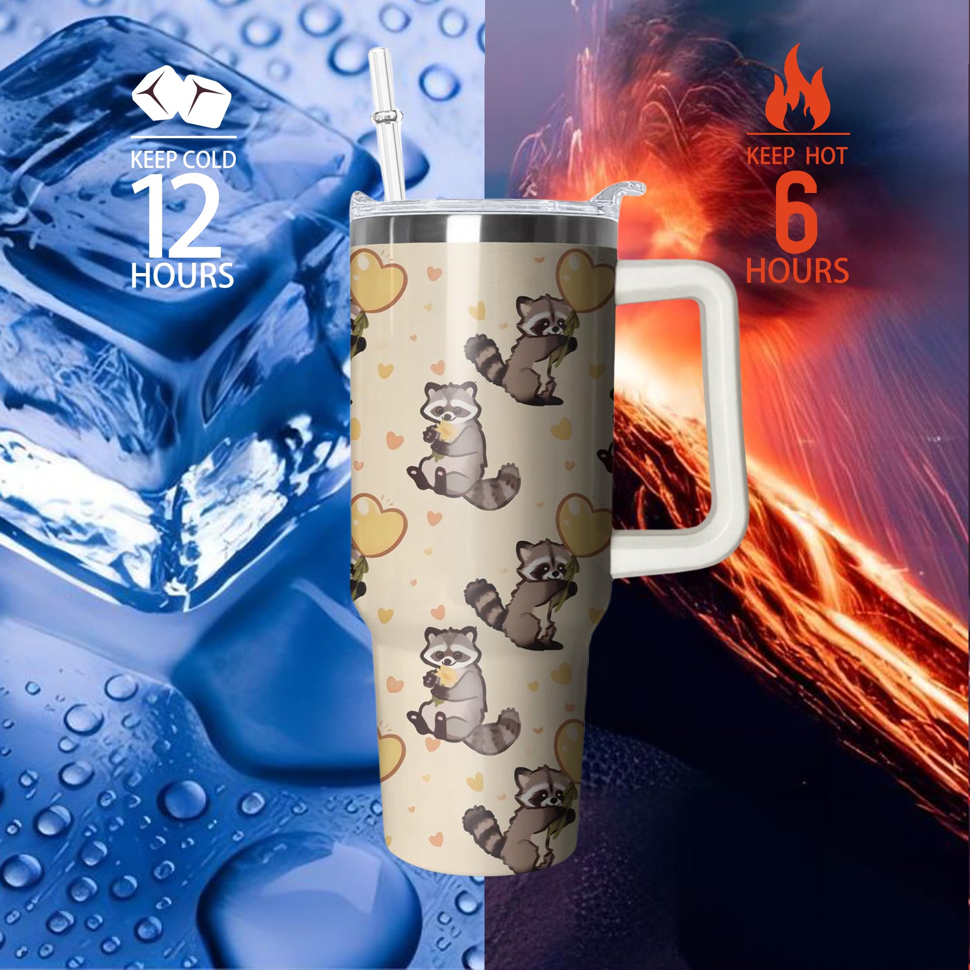 40Oz Raccoon Stainless Steel Tumbler With Handle And Straw, Dog Insulated Cup Travel Coffee Mug