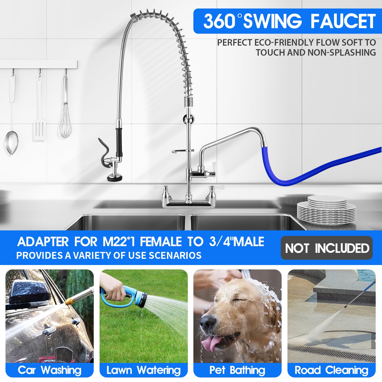 Oierzin Commercial Faucet Wall Mount With Sprayer 36" Height, 8 Inch Center Brass Constructed Wall Mount Kitchen Sink Commercial Faucet With Pull Down Pre Rinse Sprayer And 12" Add-On Spout