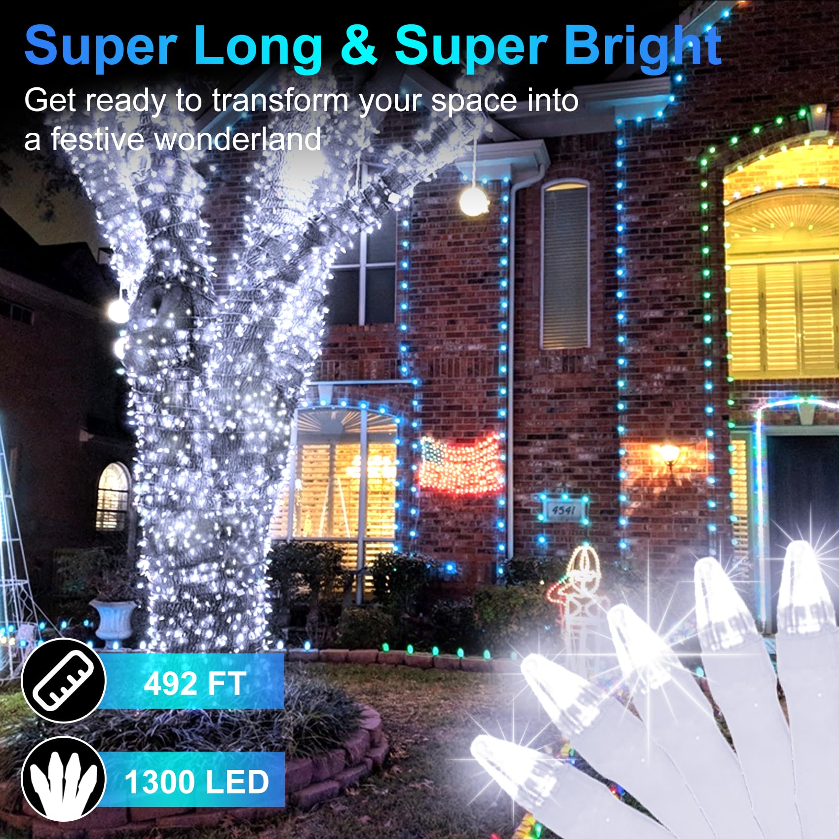 Yhbjkcz 492Ft Outdoor Christmas Lights, 1300 Led Super Long String Lights 8 Lighting Modes & Timer Memory, Outsite Waterproof Light Strings For Xmas Tree Garden Wedding Party Holiday Decorations Cool White