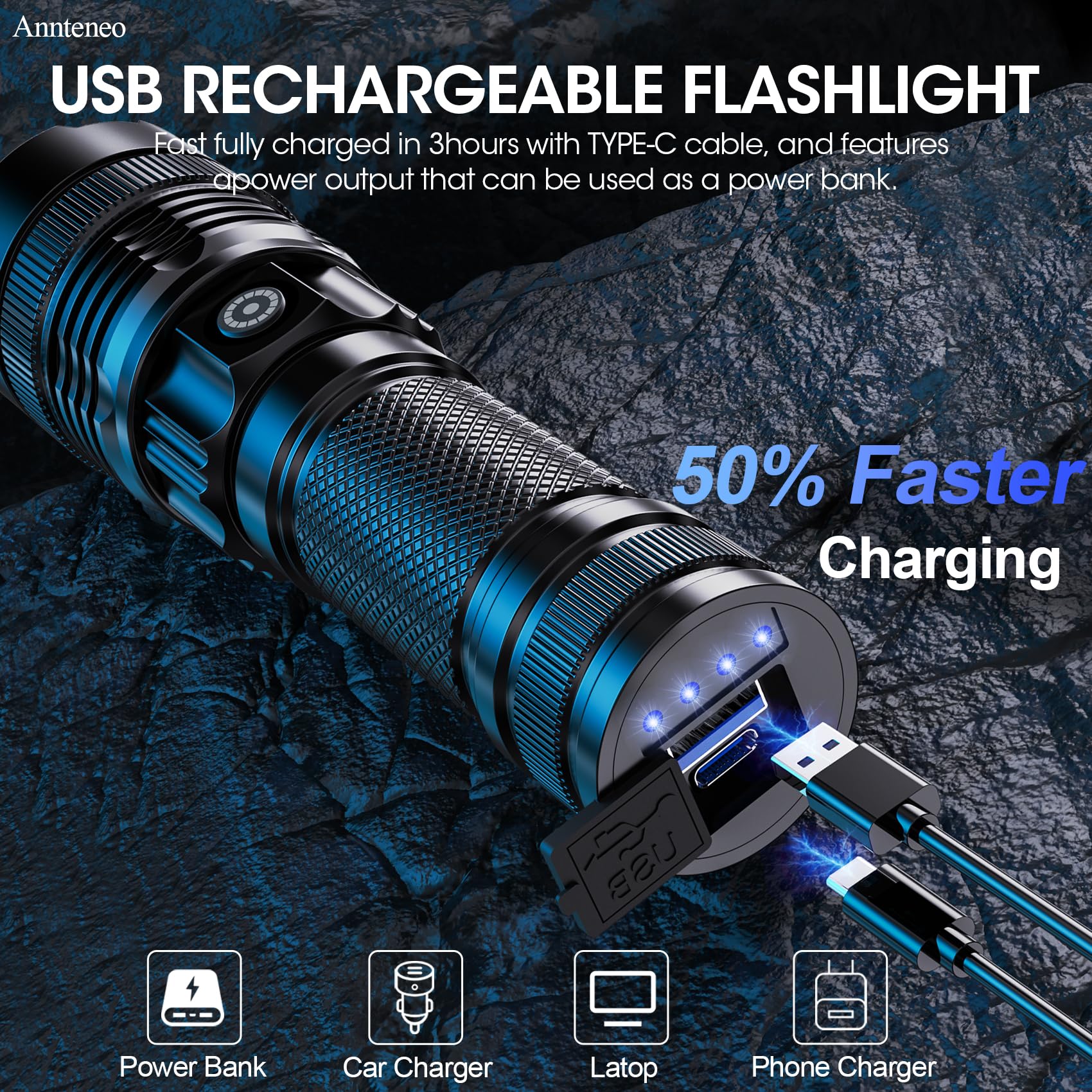 Annteneo Rechargeable Flashlights High Lumens - 25000 Lumen Super Bright Spotlight Led Flashlight, 4 Modes Tactical Flash Light Powerful Flashlight For Home Emergency Camping(With Case)