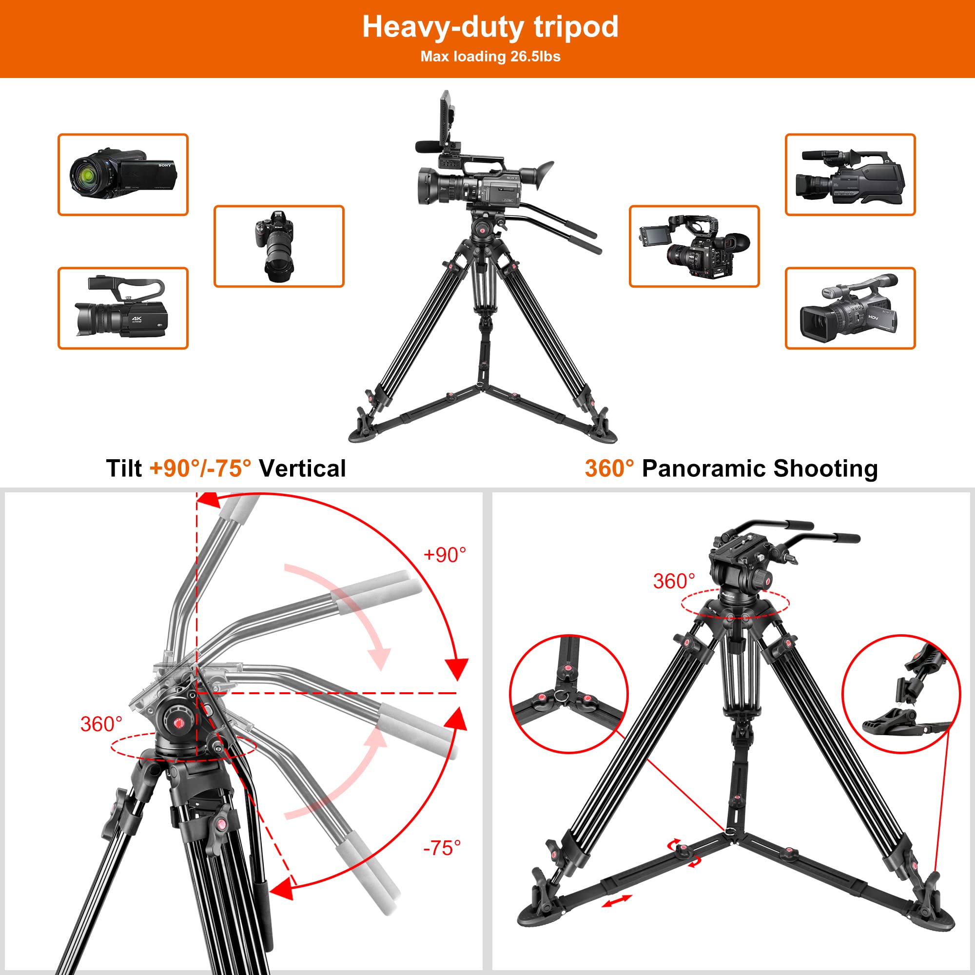 Magicline 68.7 Inch Heavy Duty Aluminum Video Camera Tripod With Fluid Head, 2 Pan Bar Handles, Adjustable Ground Spreader,Qr Plate, Max Load 26.5 Lb For Canon Nikon Sony Dslr Camcorder Cameras