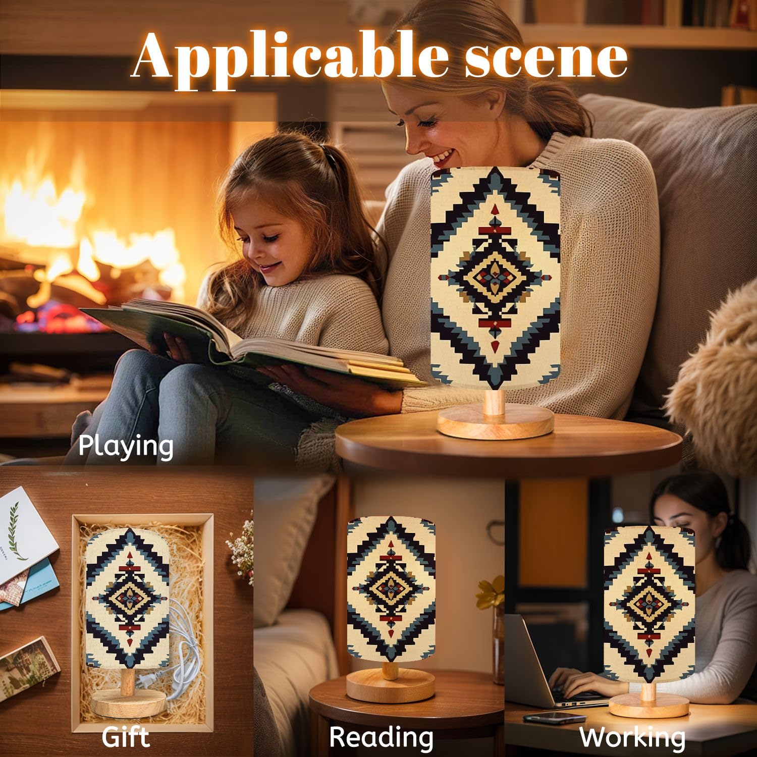 Bvcahsaw Bedside Table Lamp Seamless Navajo Aztec Mexican Native Tribal Fabric Pattern Geomatics Dimmable Desk Lamp With Flaxen Fabric Shade Wood Base Nightstand Lamp Small Lamp For Bedroom Living Room Home