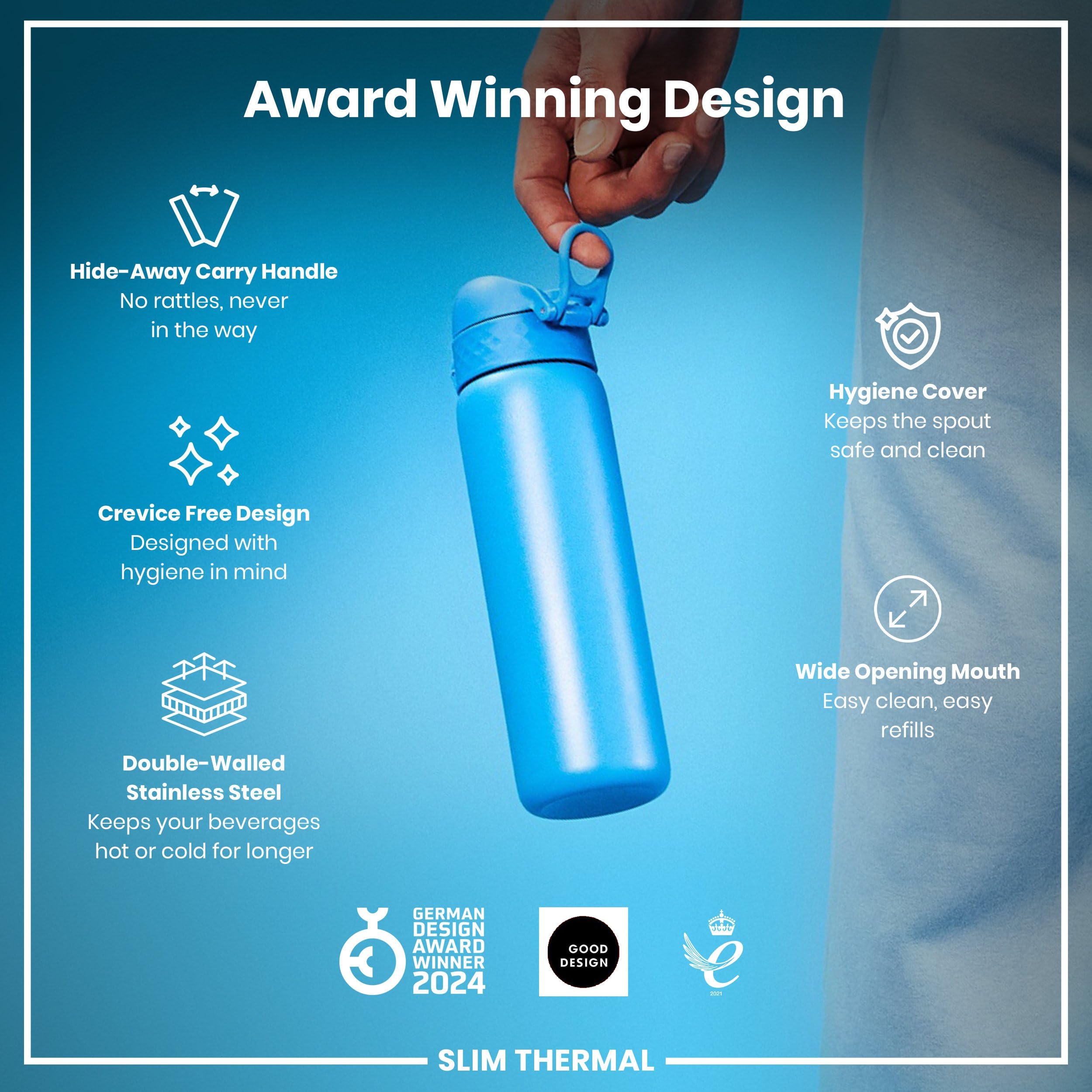 Ion8 Vacuum Insulated Steel Water Bottle, 500 Ml/18 Oz, Leak Proof, Easy To Open, Secure Lock