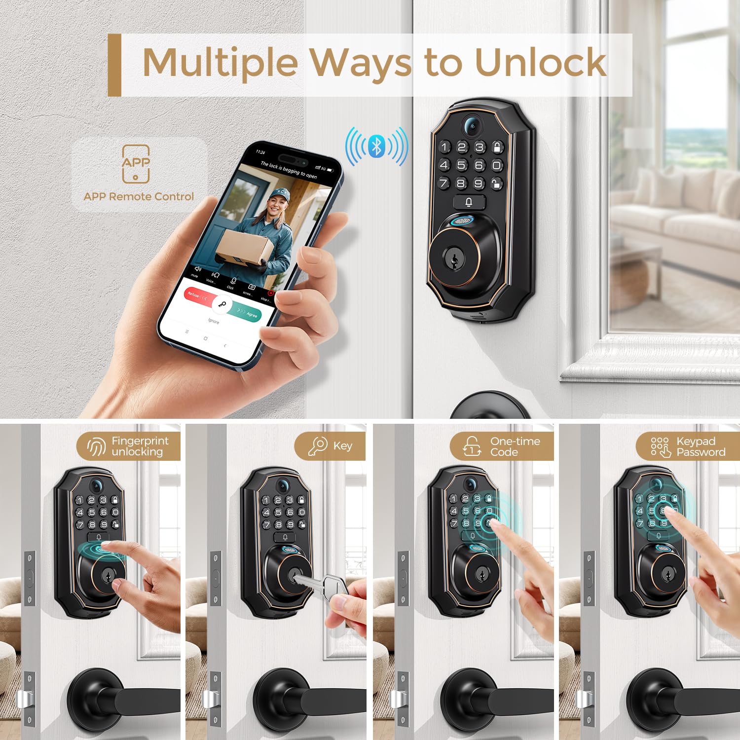 Arpha Wifi Video Smart Lock With Camera & Doorbell - 5-In-1 Keyless Entry, Fingerprint, Keypad, App Control, Two-Way Audio, Auto Lock, Waterproof, Easy Installation
