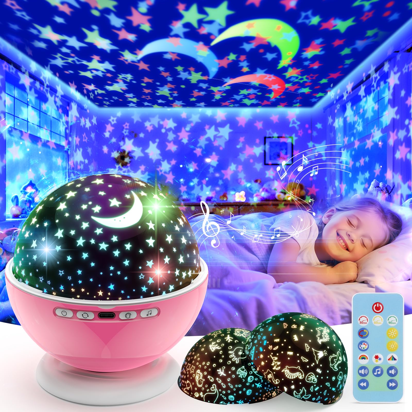 Baisiqilb Kids Star Night Light, Night Light Projector,Nebula Star Projector 360 Degree Rotation - 6 Led Bulbs 18 Light Color Changing With Usb Cable, Romantic  For Men Women Children (Pink)