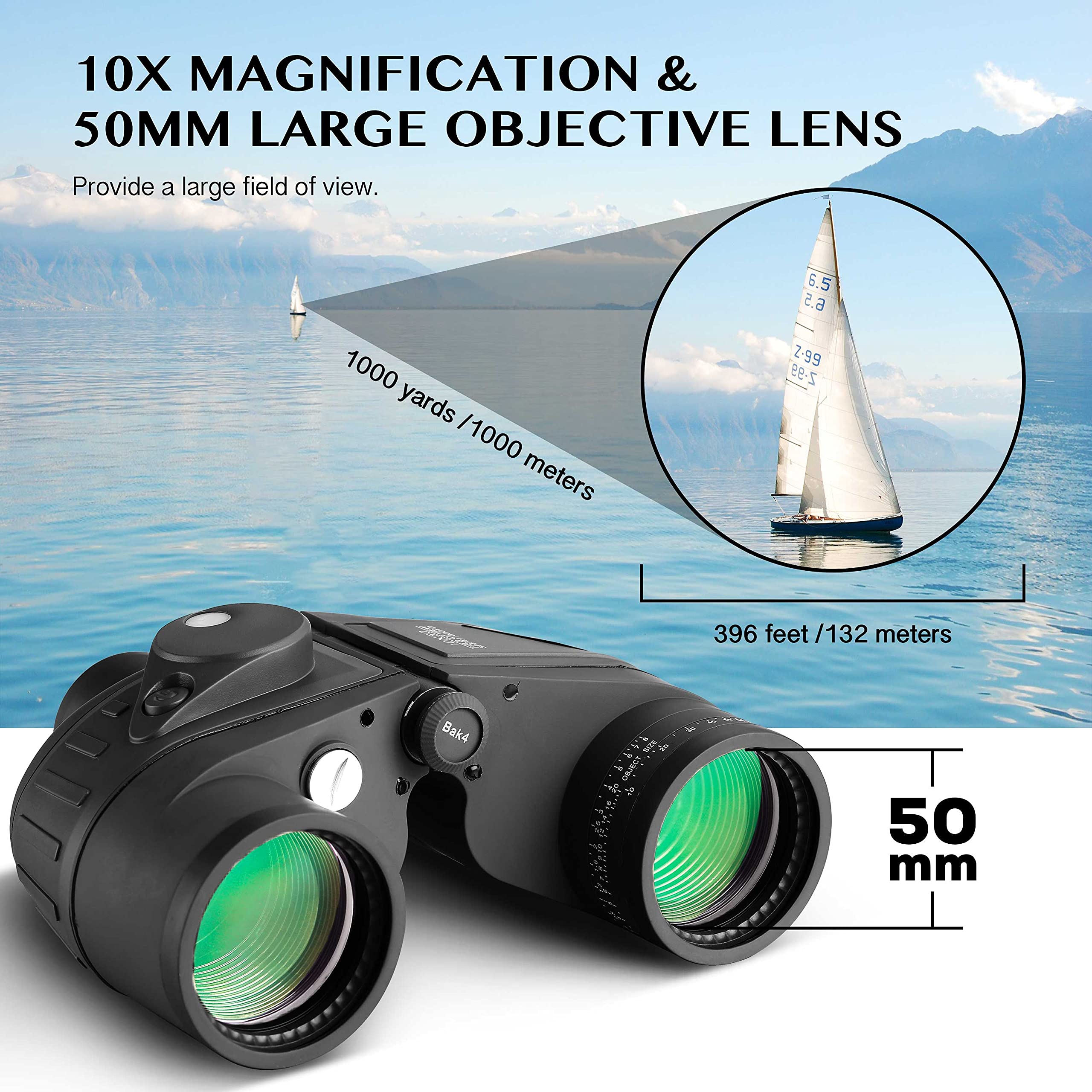 Aomekie 10X50 Binoculars For Adults Marine Military Binoculars Waterproof With Rangefinder Compass Bak4 Prism Fmc Lens For Birdwatching Hunting Boating (10X50 Black)