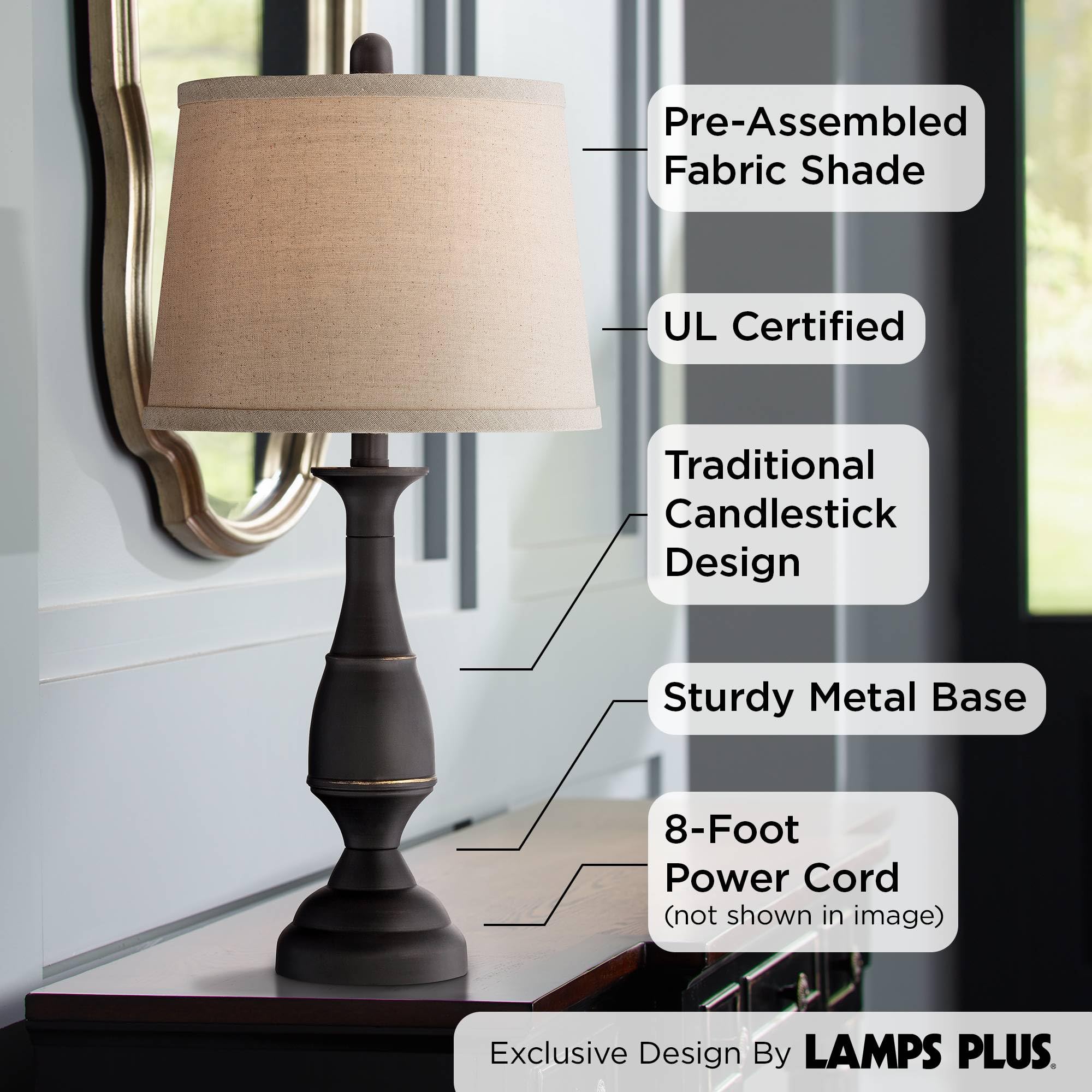 Regency Hill Ben Farmhouse Traditional Table Lamps 25" High Full Size Set Of 2 Dark Bronze Brown Metal Beige Linen Drum Shade Decor For Living Room Bedroom House Bedside Nightstand Home Office