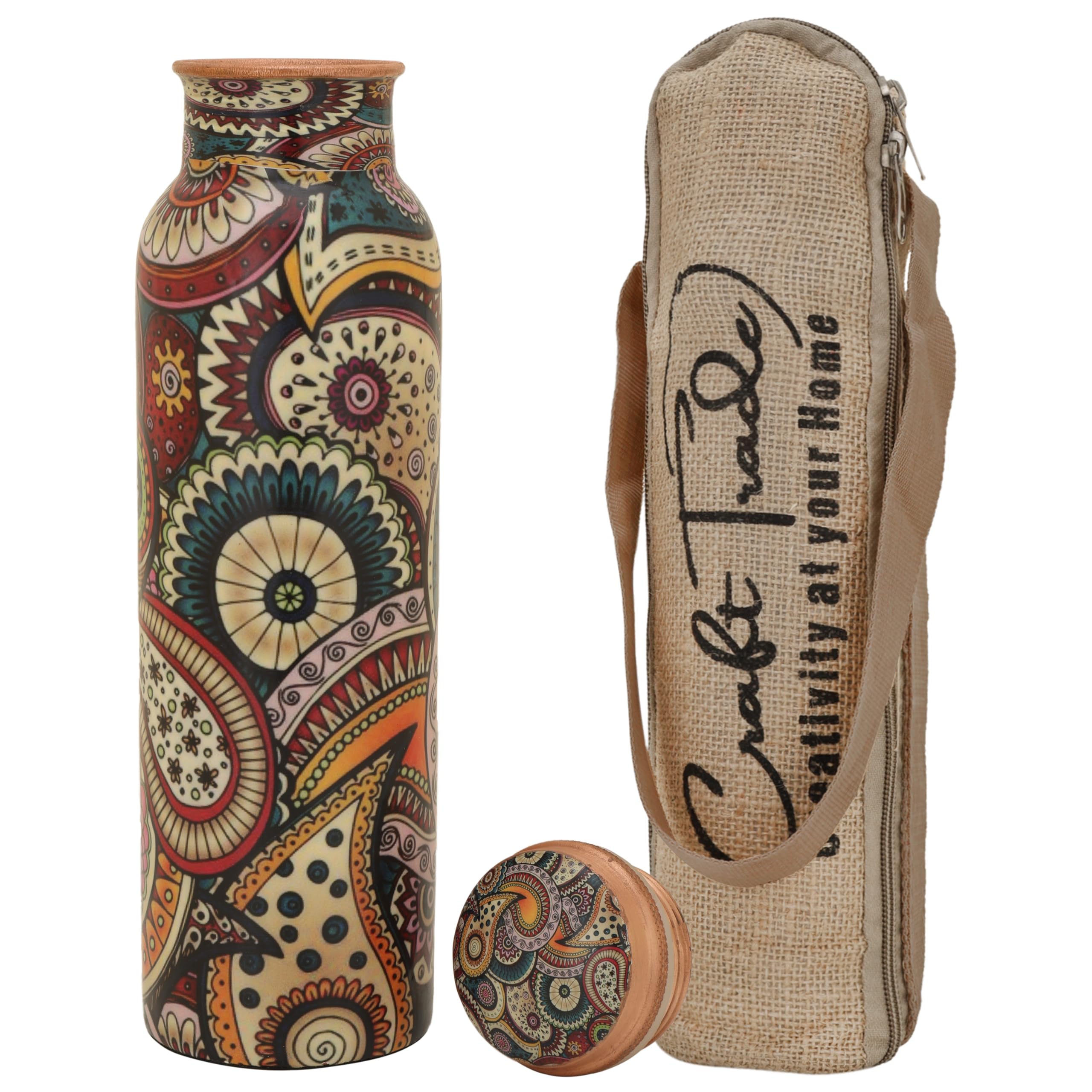 Craft Trade Printed Copper Bottle With Lid And Carry Bag For Drinking Water Leak Proof